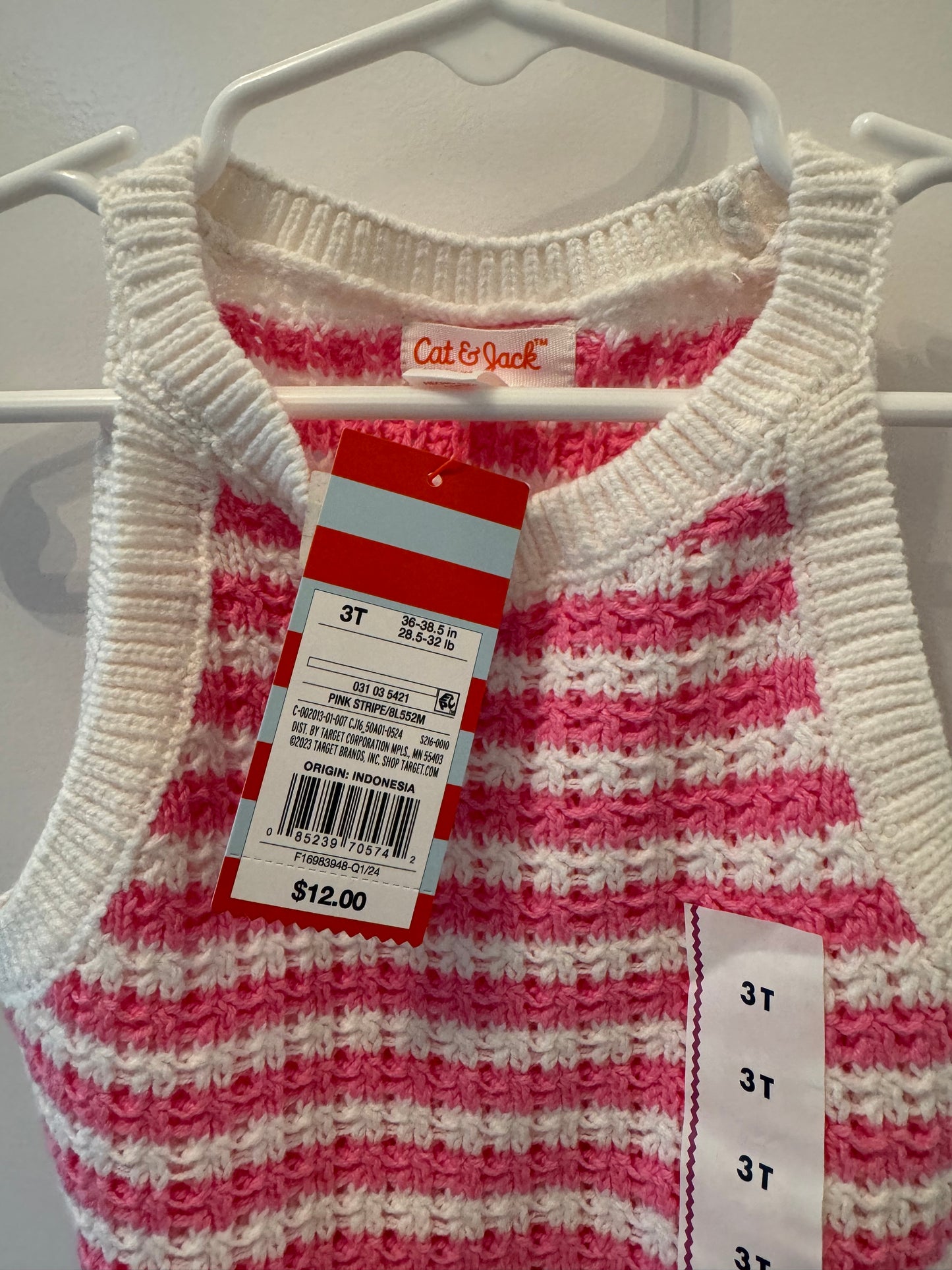 Cat & Jack Stripe Crochet Tank Toddler Girl Size 3T Pink White