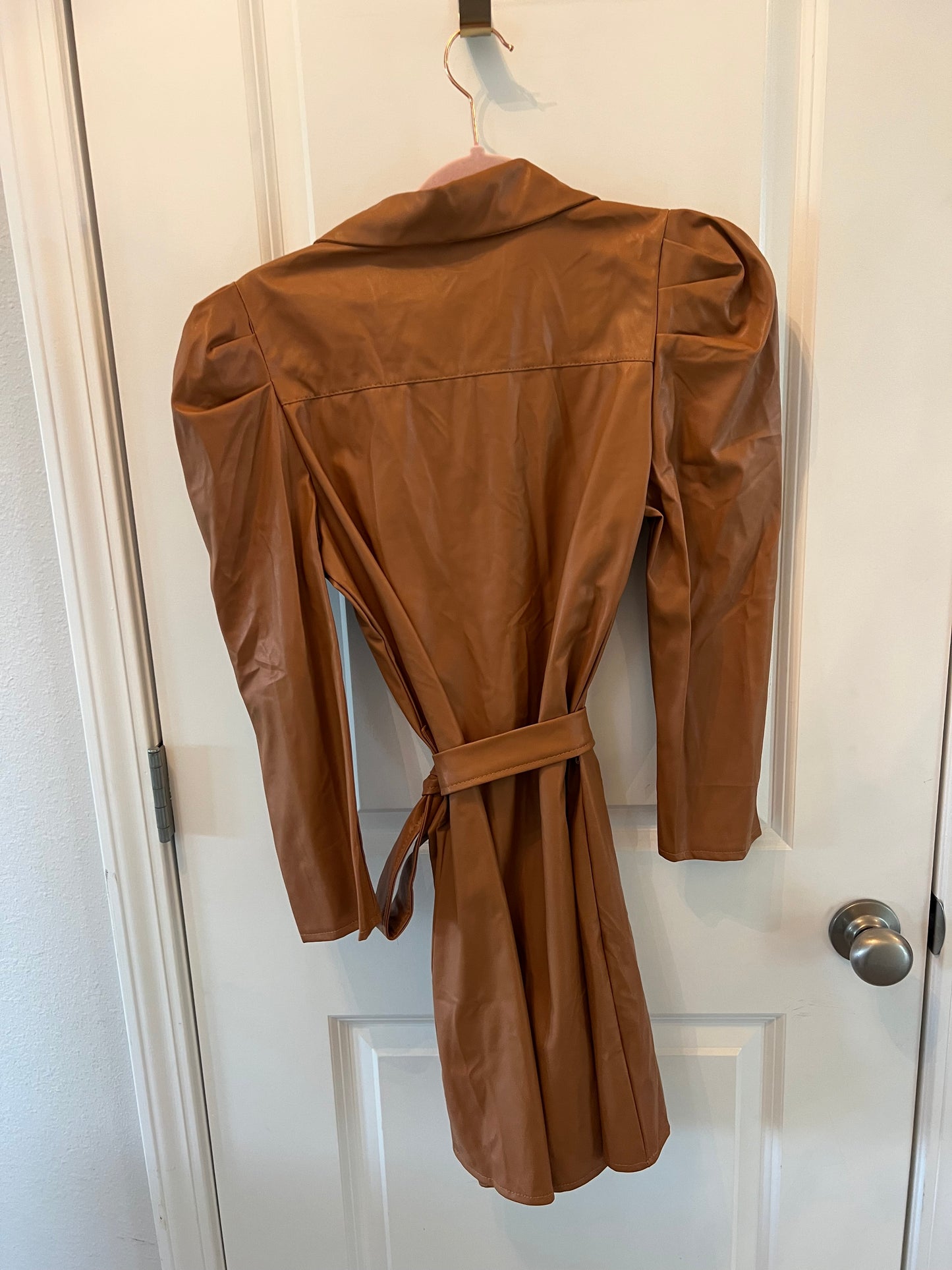 Faux Leather Button Front Dress Women’s Size Small Tan