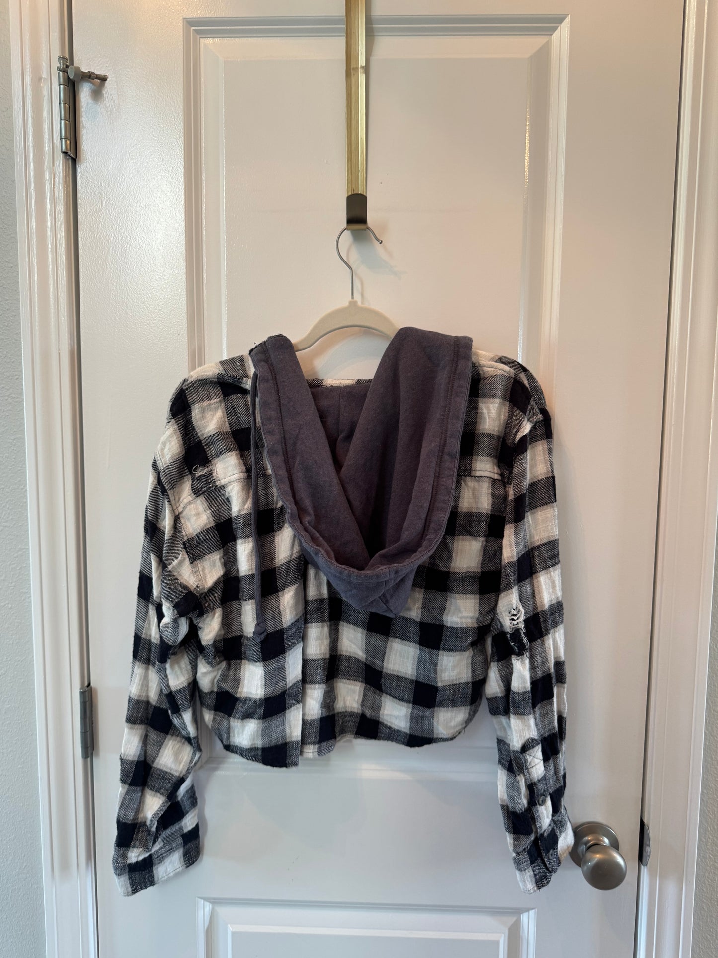 American Eagle Plaid Hooded Top Women’s Medium Gray