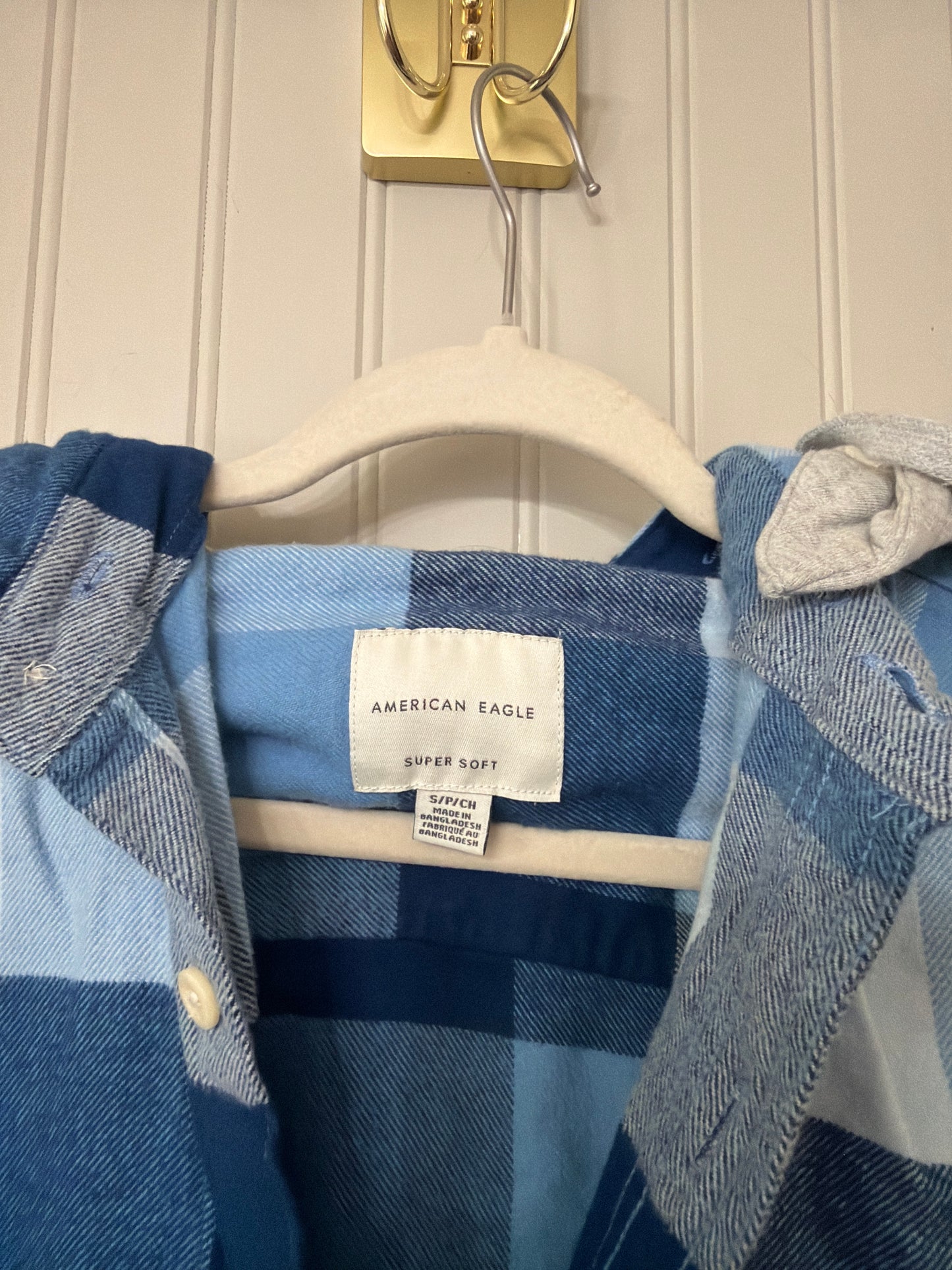 American Eagle Hooded Plaid Flannel Shirt Women’s Small Blue