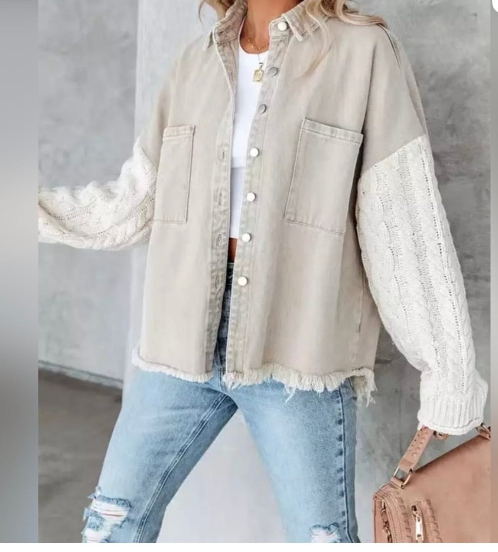 Jena Green x Apricot Lane Denim Shirt w Cable Knit Sleeves Women’s Medium