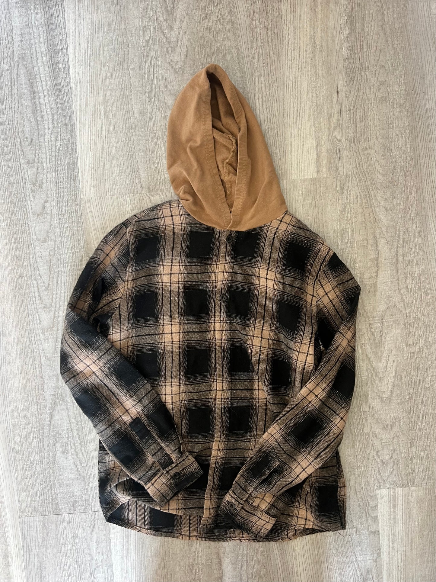 Hooded Flannel Button Front Long Sleeve Shirt Youth Boy’s Size 11-12 Years Tan