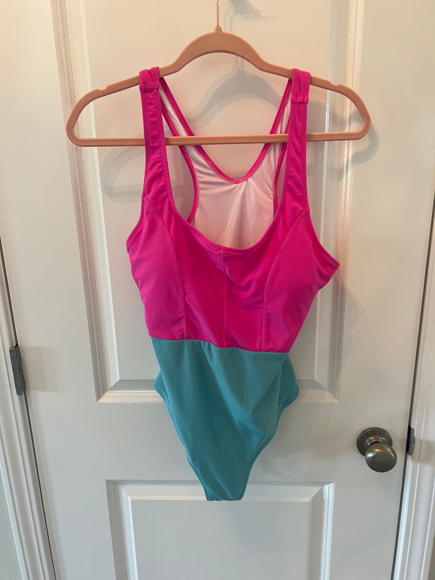 One Piece Swimsuit Tummy Control Color Block Racerback Padded Sport Women’s Size Large Pink/Teal