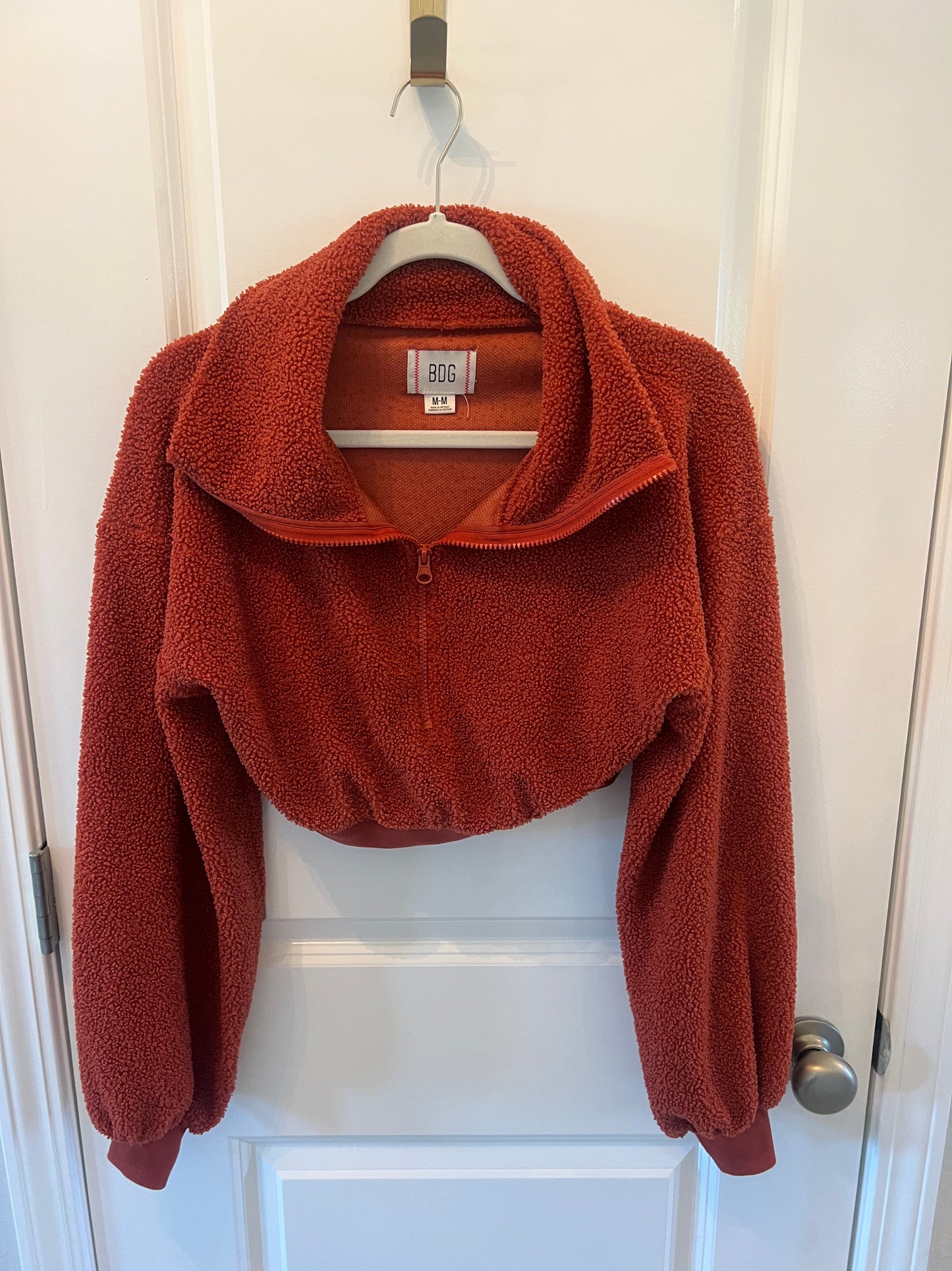 BDG Urban Outfitters Quarter Zip Fleece Cropped Pullover Women’s Size Medium Rust Orange
