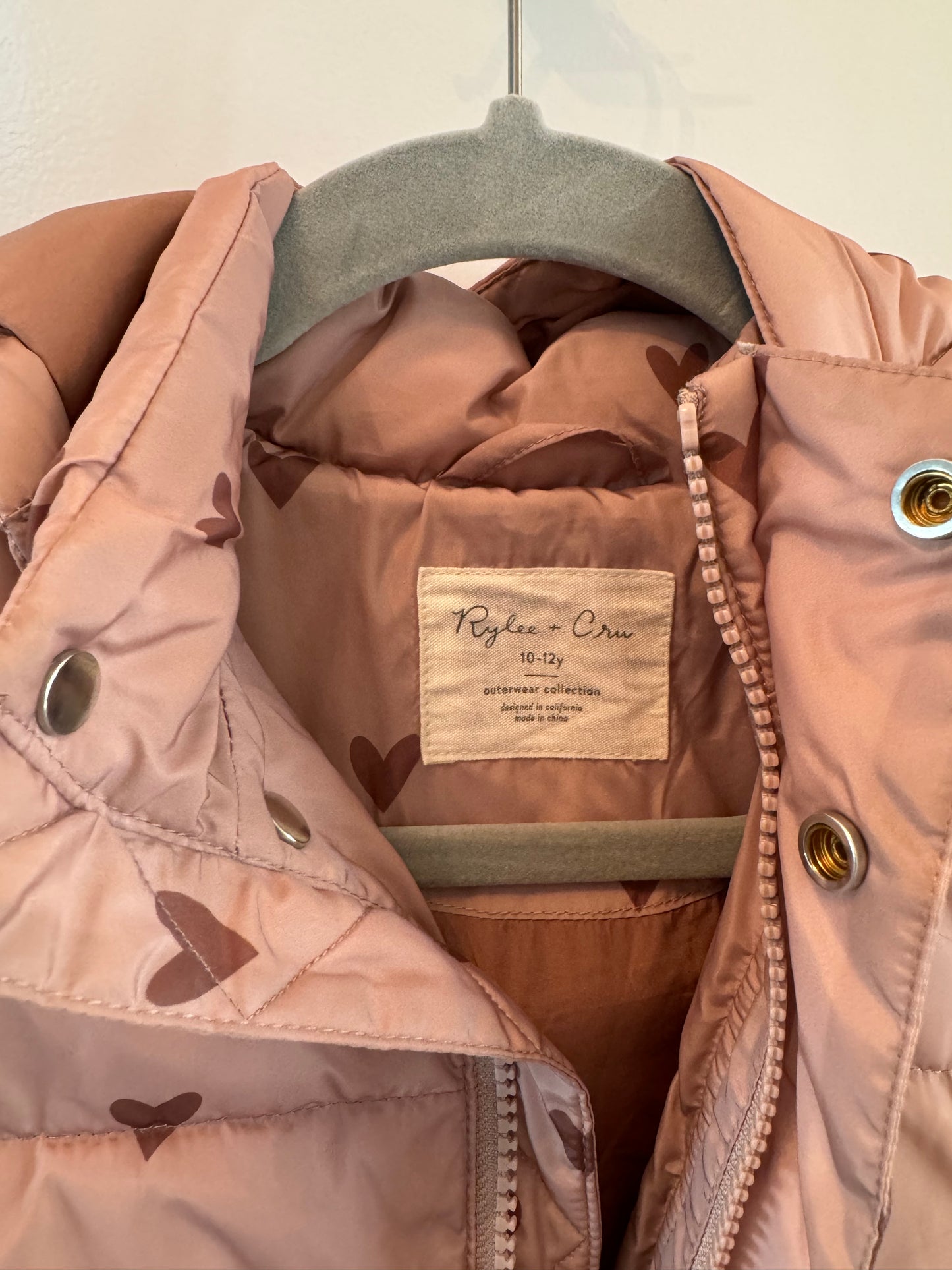 Rylee + Cru Puffer Jacket w Hood Hearts Youth Girl Size 10–2 Mauve