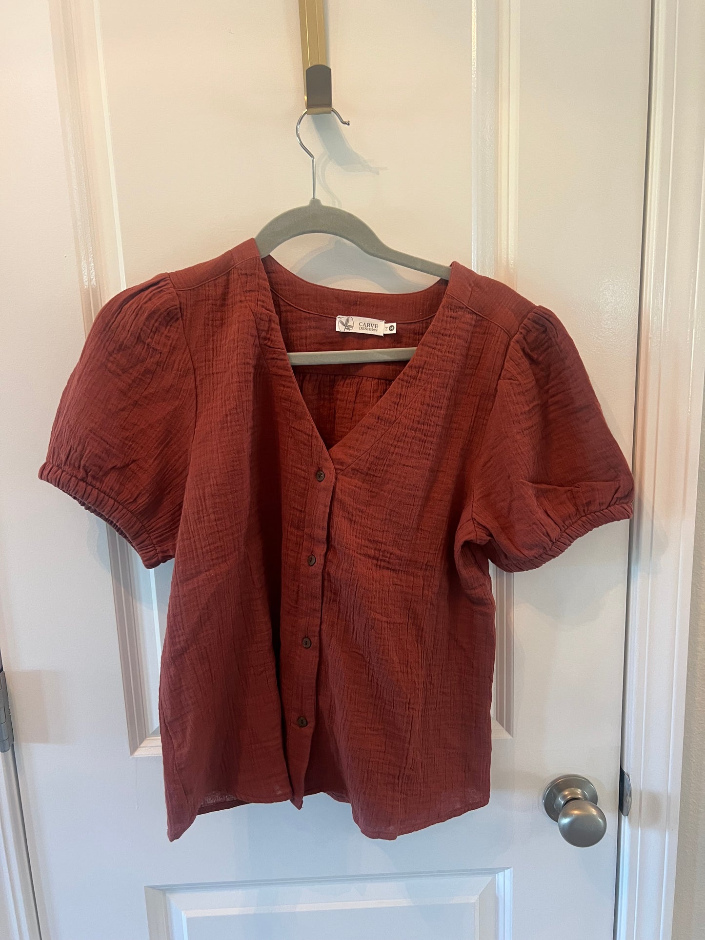 Puff Sleeve Button Front Top Women’s Size Medium Brown