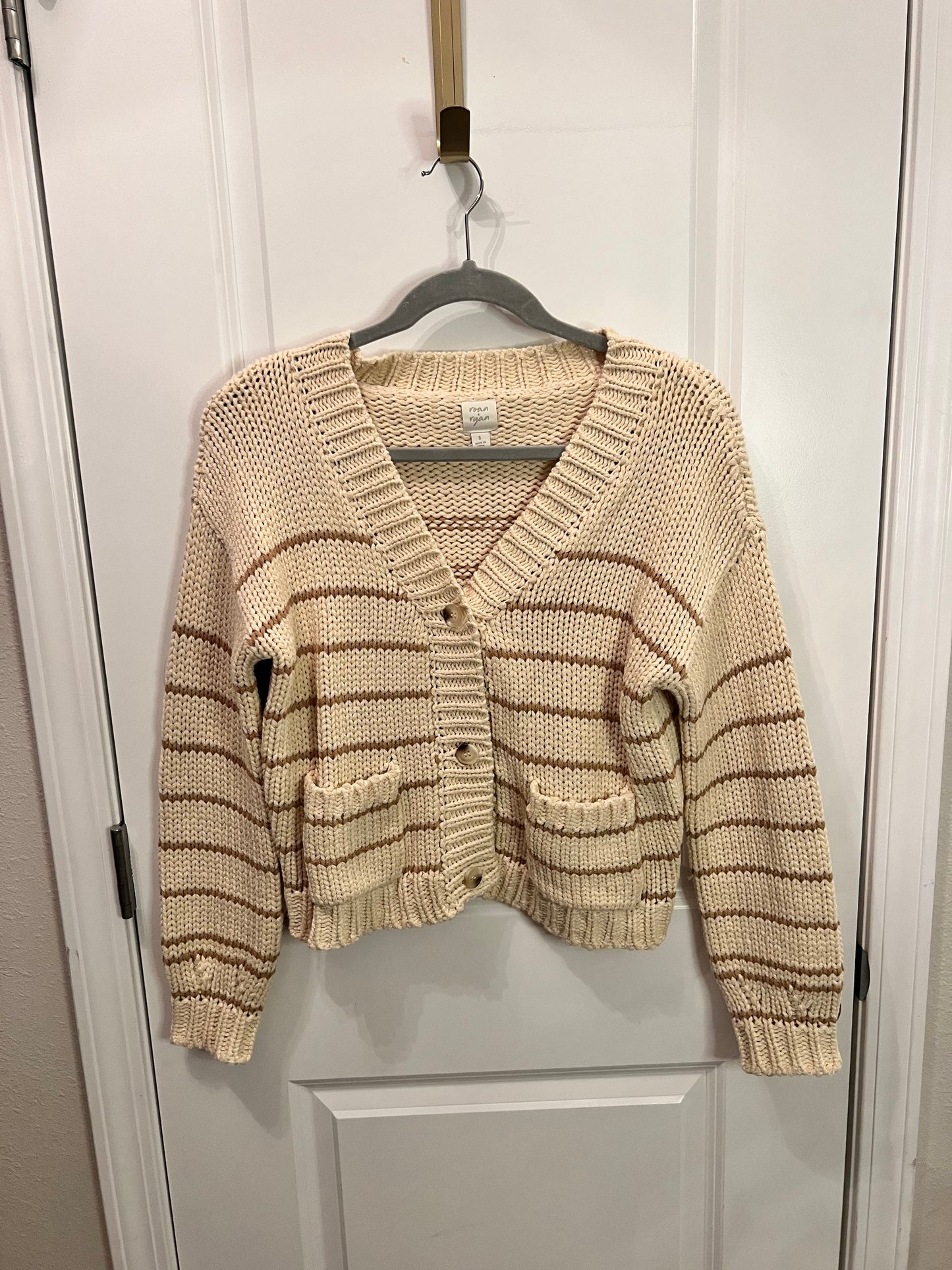 Roan + Ryan Stripe Cardigan Women’s Size Small 4-6 Cream