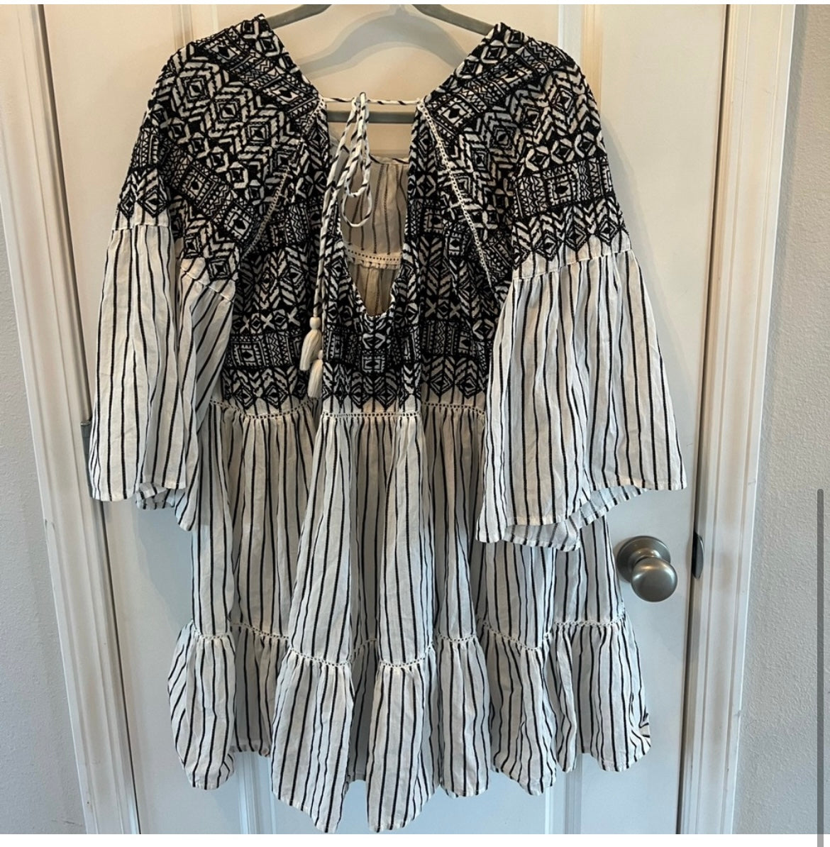 Free People Striped Lola Tiered Embroidered Dress Women's Size Large White/Black
