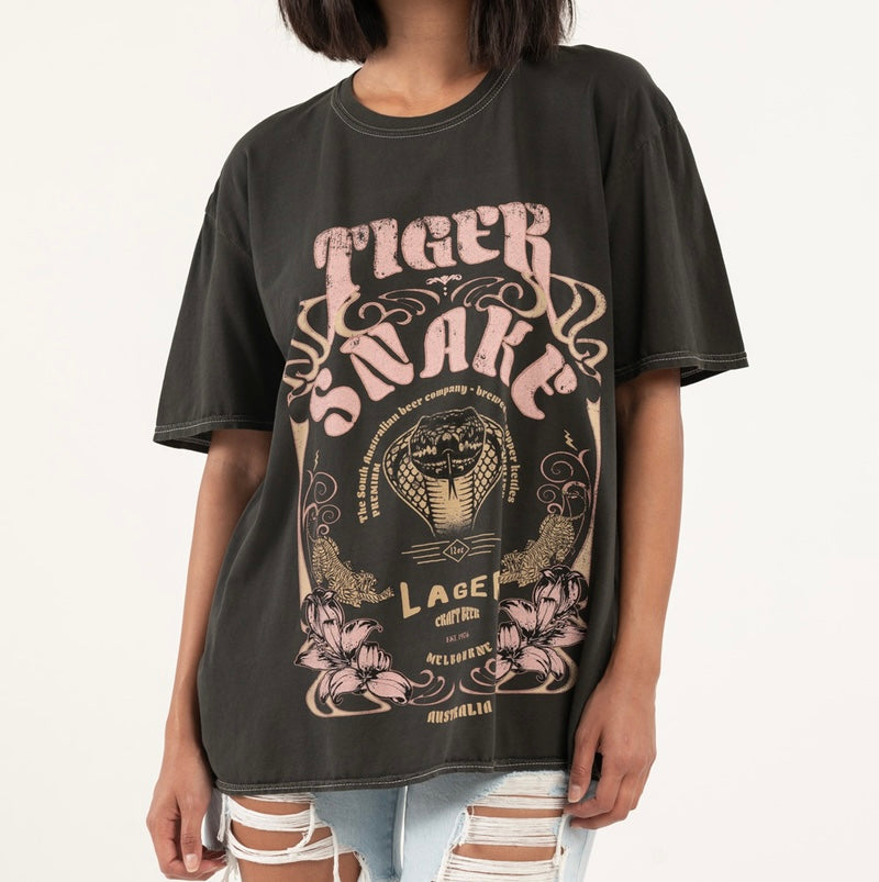 Project Social T Tiger Snake Australian Lager Cotton Graphic Tee Women’s Size Small/Medium Black