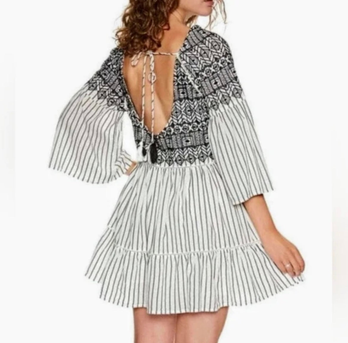 Free People Striped Lola Tiered Embroidered Dress Women's Size Large White/Black