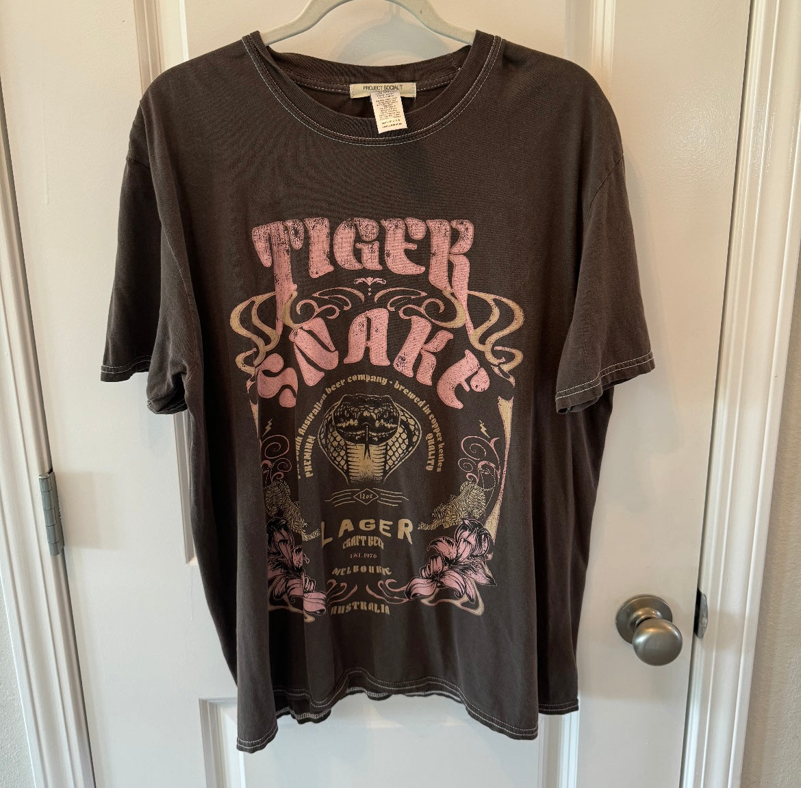 Project Social T Tiger Snake Australian Lager Cotton Graphic Tee Women’s Size Small/Medium Black