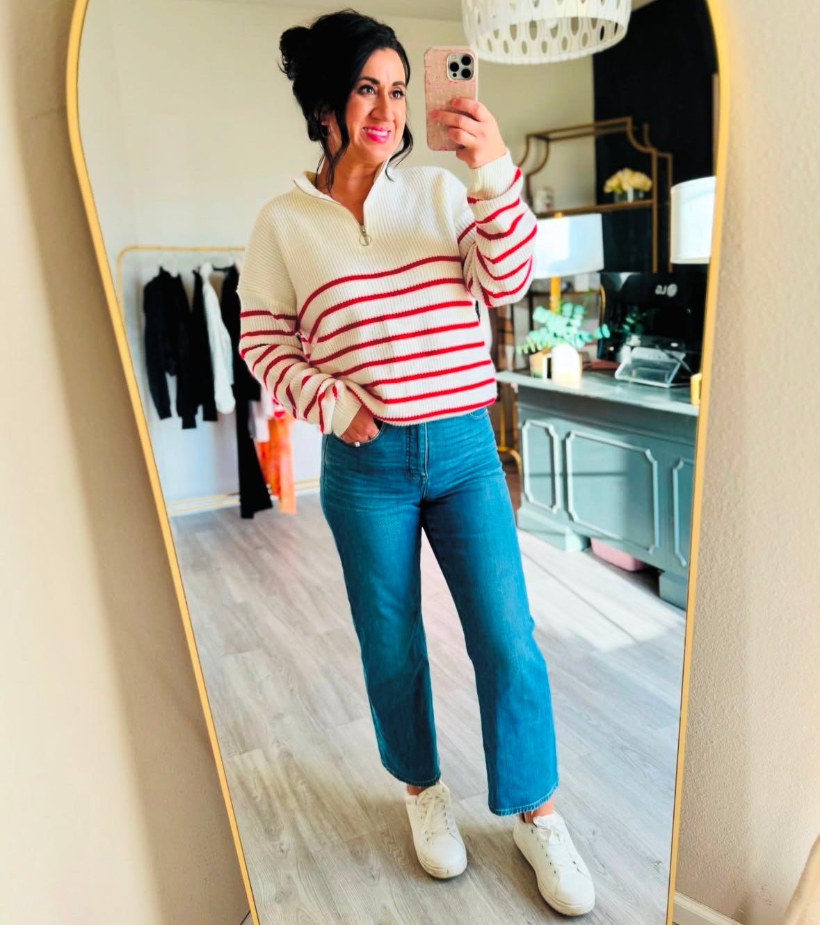 Stripe Quarter Zip Knit Sweater Women’s Size Large Cream Pink