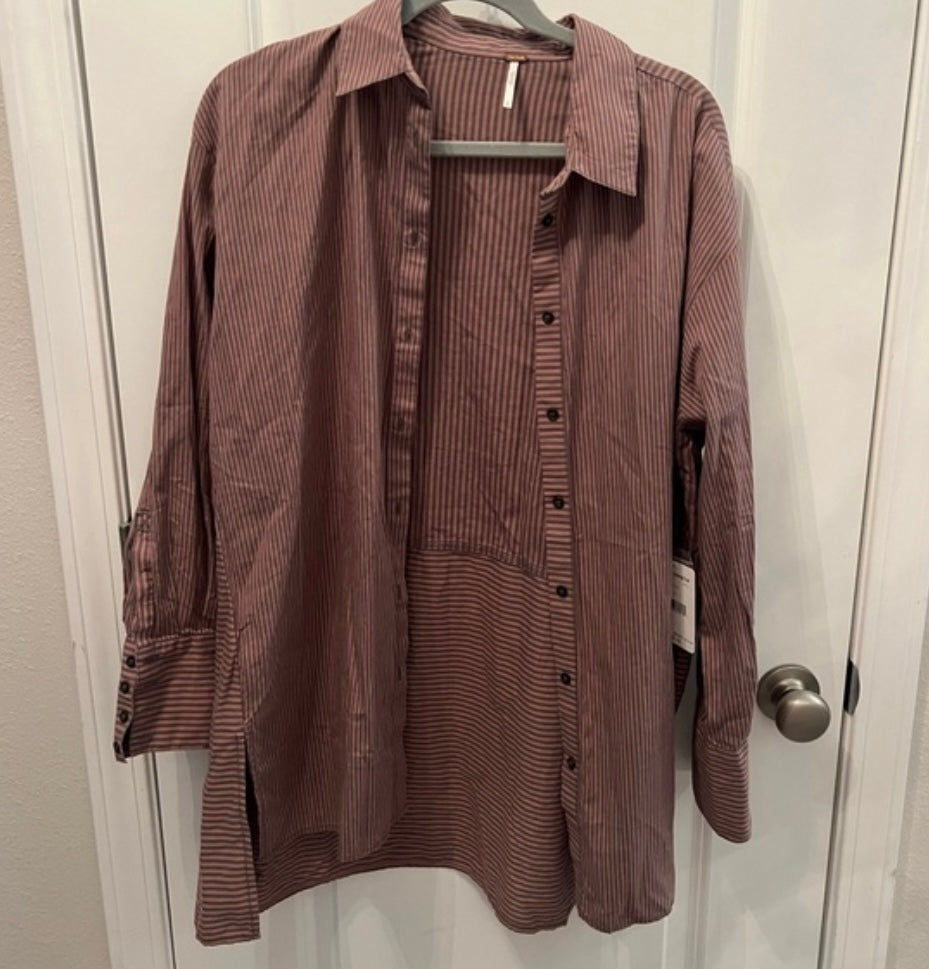 Free People Stripe Button Front Long Sleeve Shirt Women’s Size Small 4-6 Pink