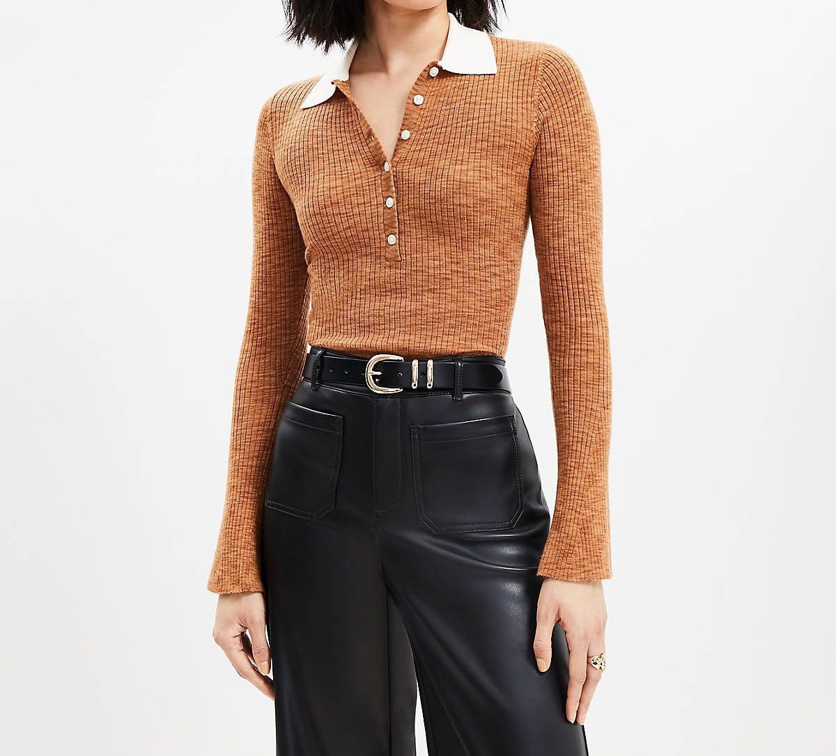 Loft Two Tone Ribbed Polo Sweater Women’s Medium Brown