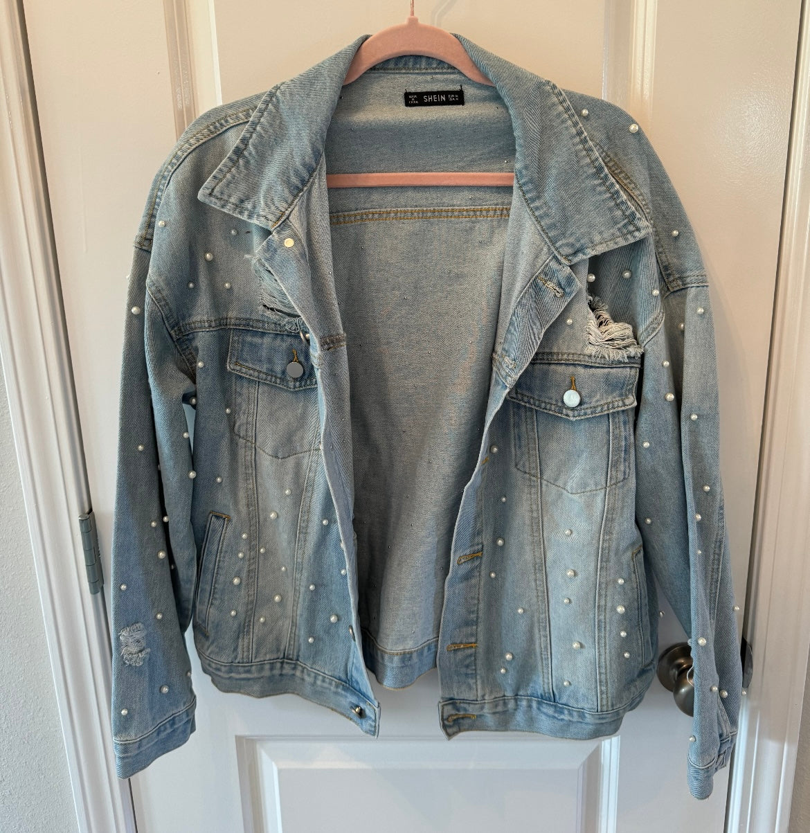 Pearl Embellished Denim Shacket Women’s Size Medium