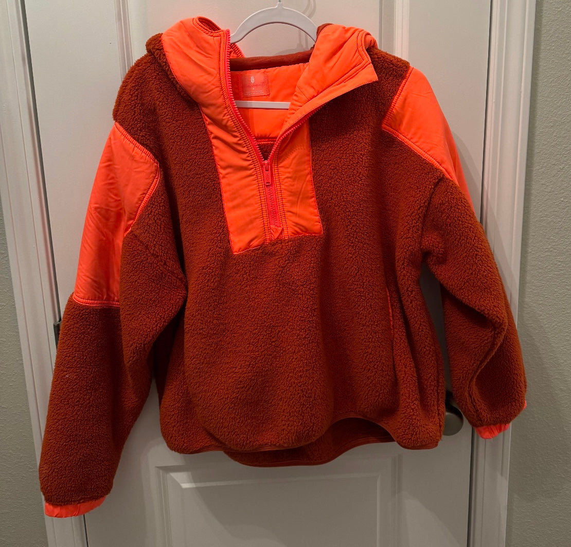 Free People FP Movement Lead the Pack Fleece Hooded Pullover Women’s Small Neon Coral