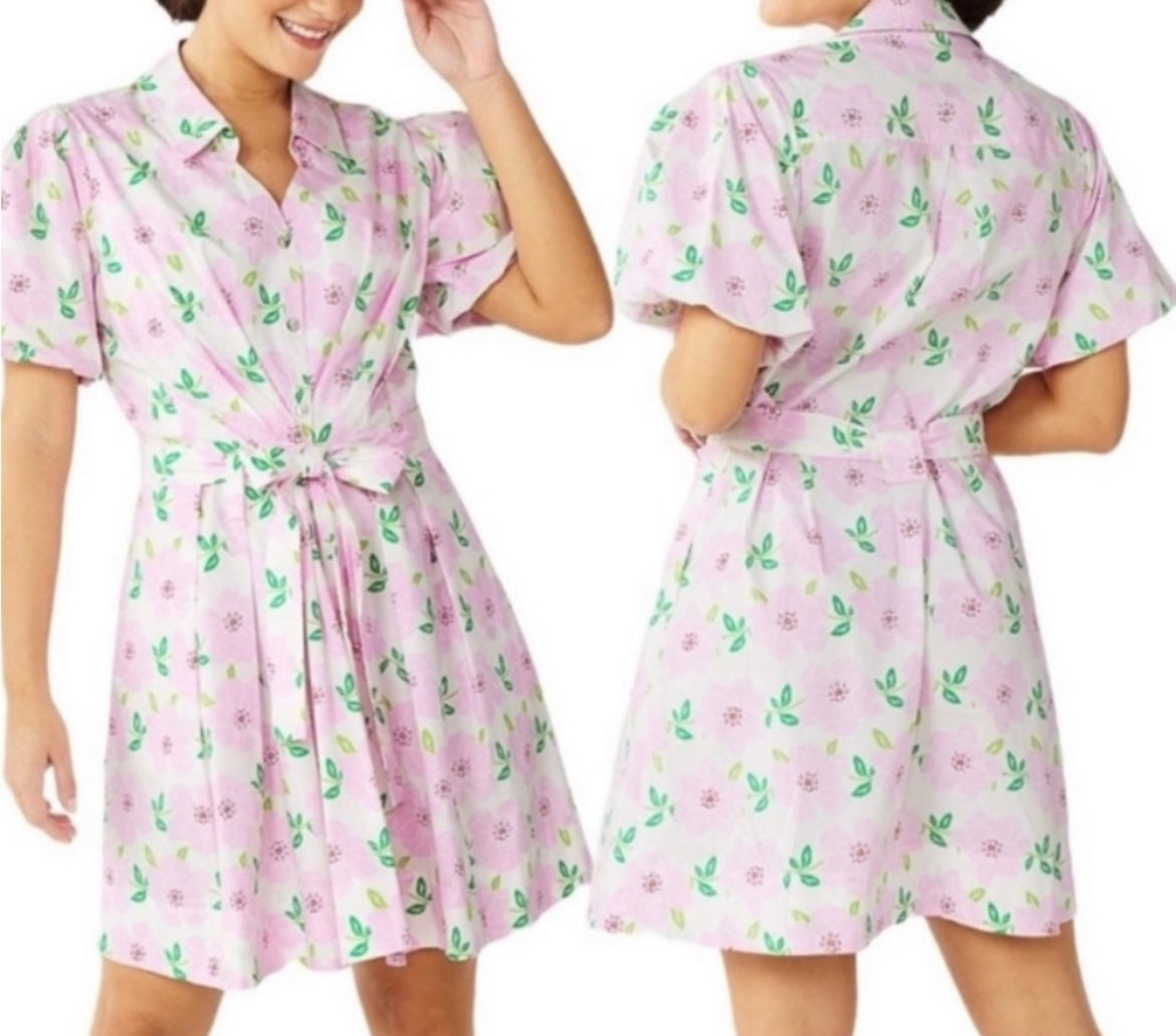 Draper James RSVP Puff Sleeve Button Front Dress Floral Women’s Size Large 12-14 Pink