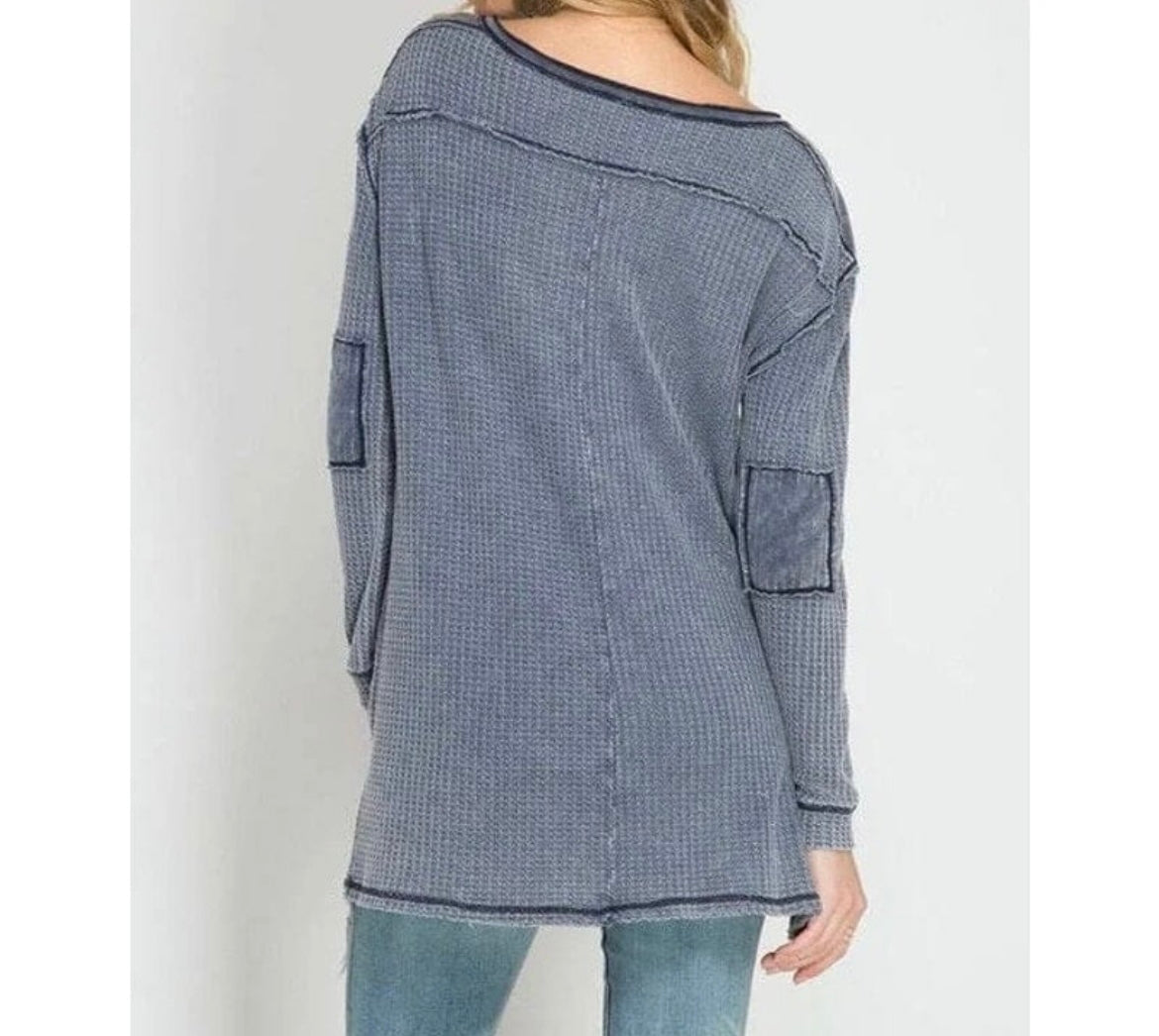 Stone Washed Waffle Knit Long Sleeve Henley Women’s Size Large Navy