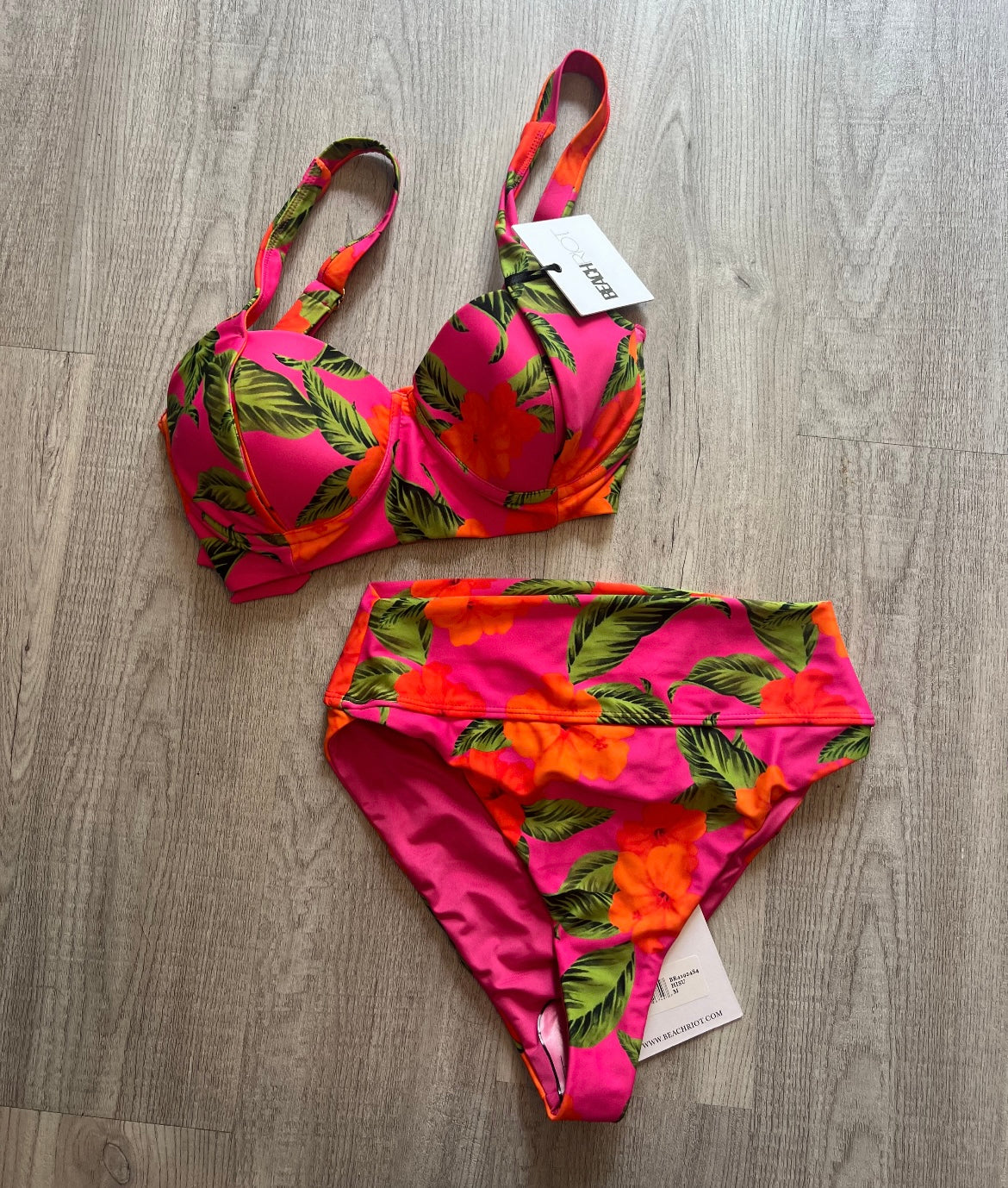 Beach Riot Tropical Floral High Rise Bikini Women’s Size Medium/Large Hot Pink