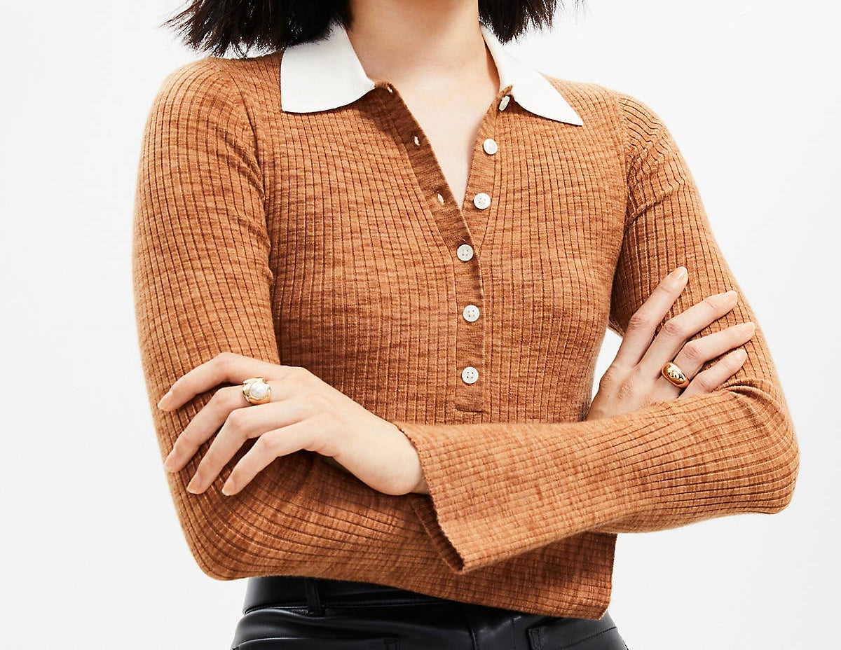 Loft Two Tone Ribbed Polo Sweater Women’s Medium Brown