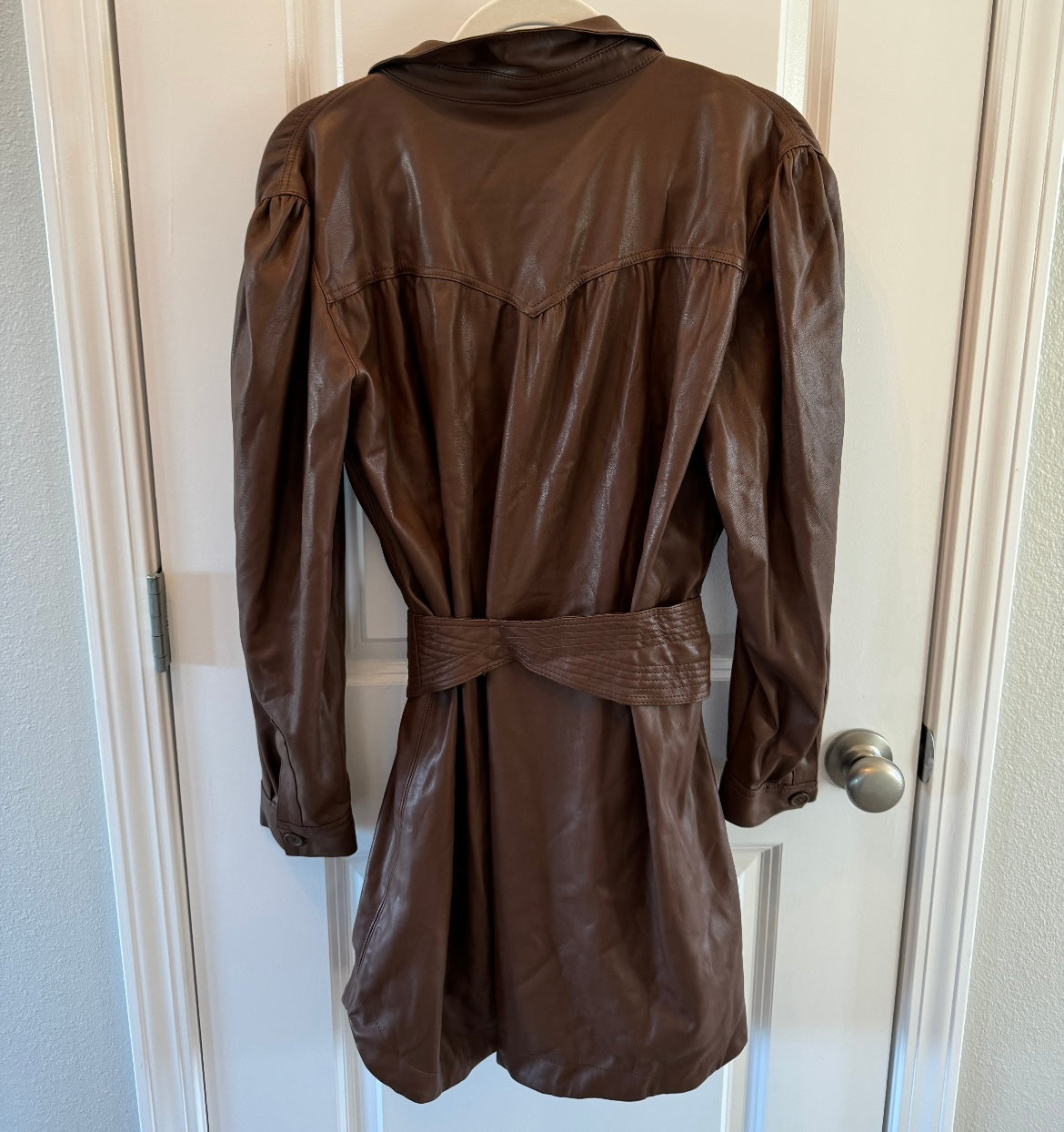 BB Dakota Steve Madden Nelly Faux Leather Puff Sleeve Dress Women’s Size Large Brown
