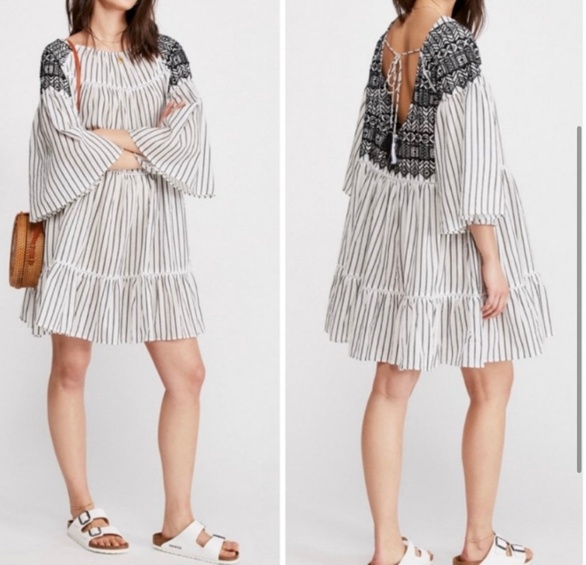 Free People Striped Lola Tiered Embroidered Dress Women's Size Large White/Black