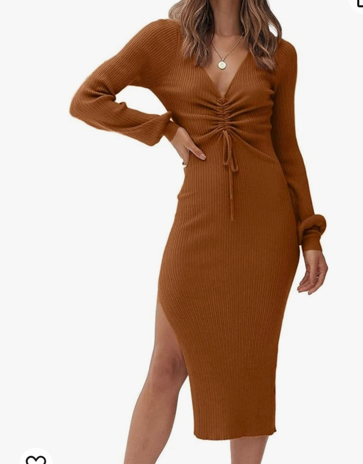 Cinch Front Ribbed Sweater Midi Dress w Side Slit Women’s Size Medium Caramel NWT