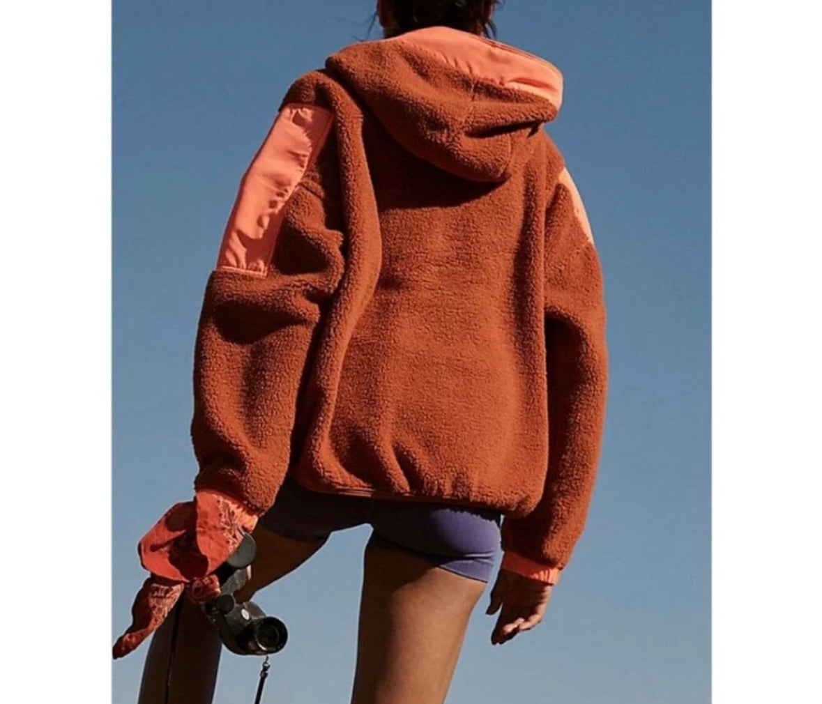 Free People FP Movement Lead the Pack Fleece Hooded Pullover Women’s Small Neon Coral