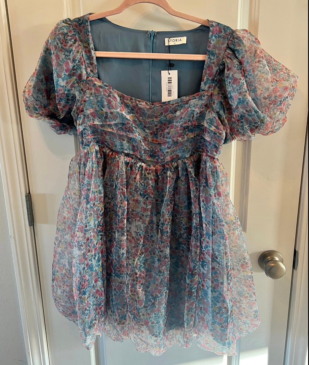 Storia Ditzy Floral Puff Sleeve Dress Women’s Size Medium 8-10 Blue