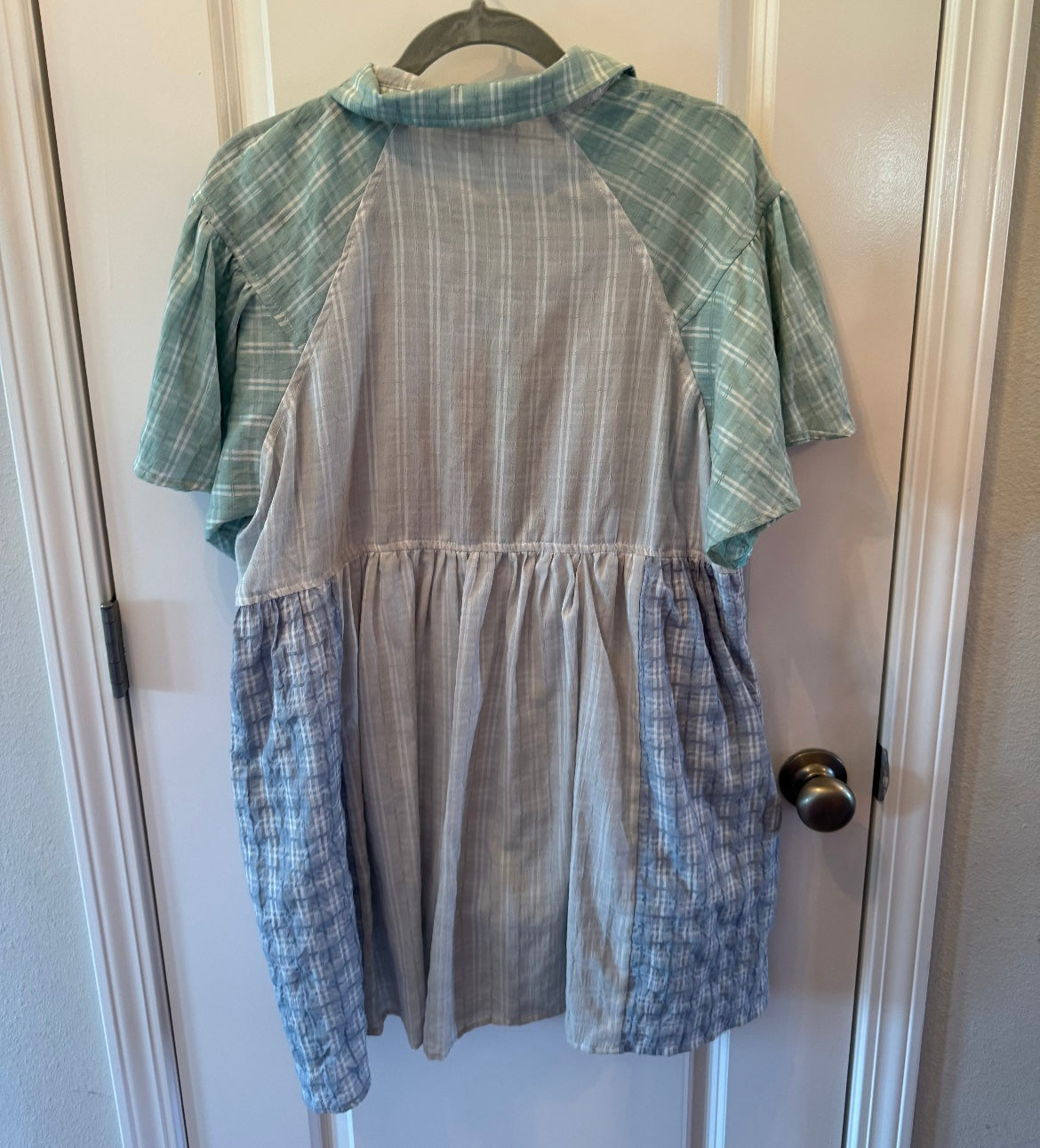 Mixed Plaid Short Sleeve Mini Dress w Collar Women’s Size Medium Blue