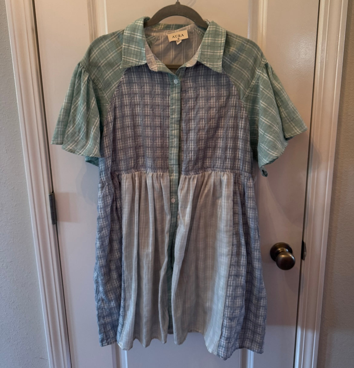 Mixed Plaid Short Sleeve Mini Dress w Collar Women’s Size Medium Blue
