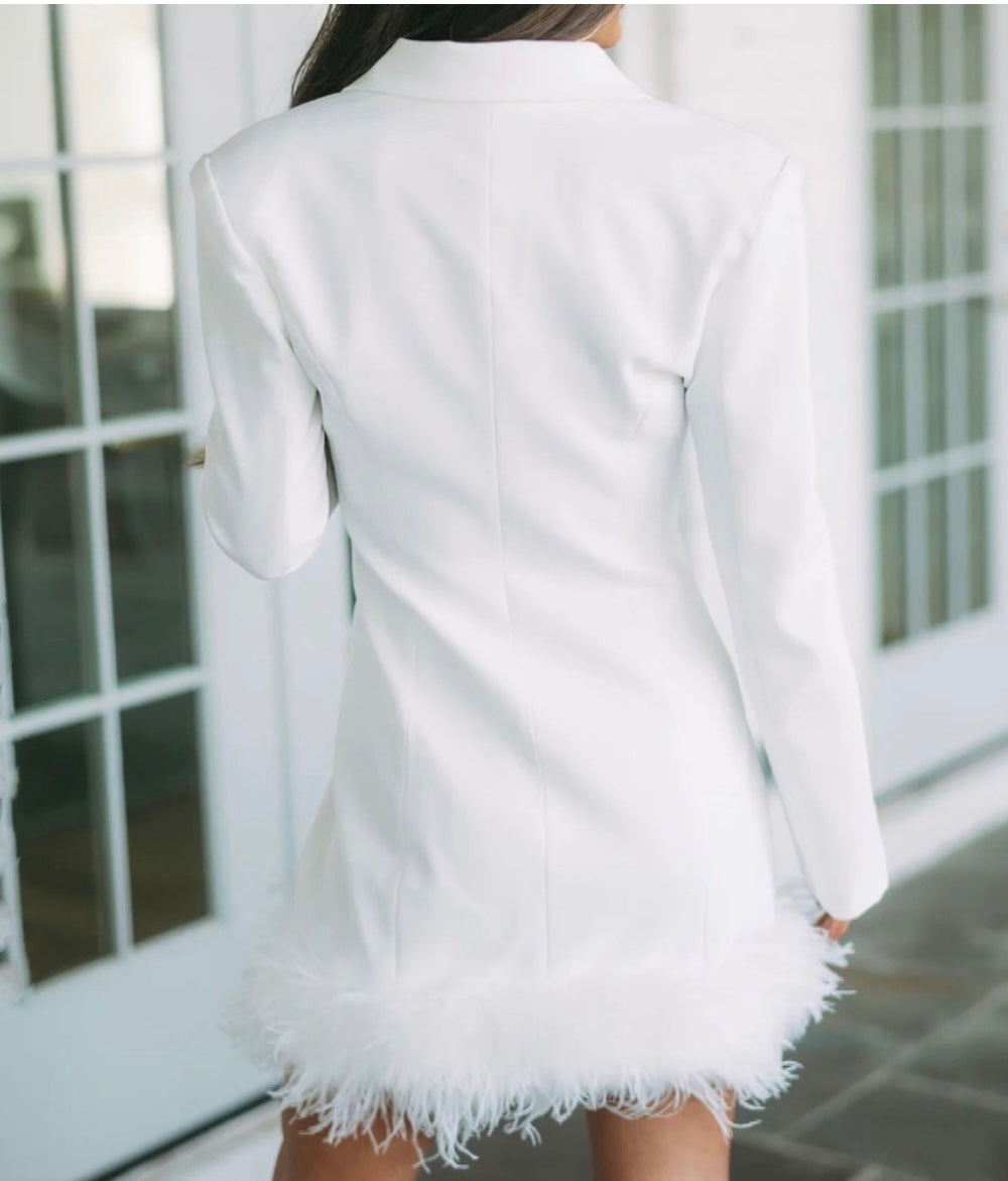 Main Strip Blazer Dress w Feather Trim Women’s Size Small White