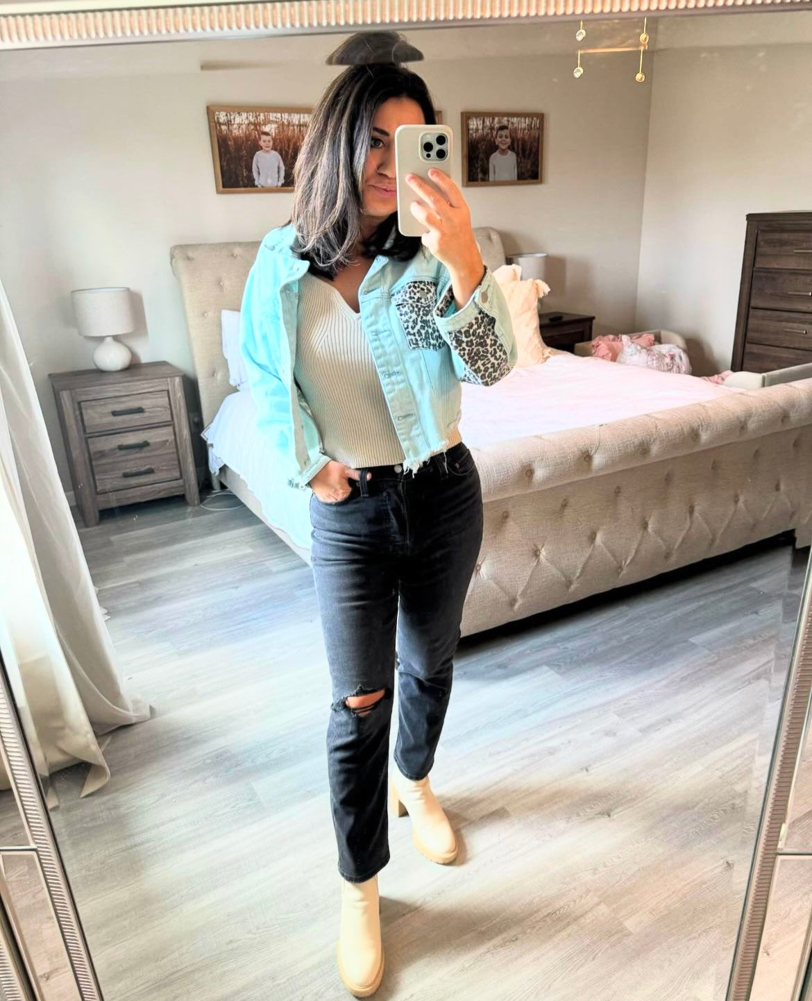 POL Distressed Denim Jacket w Leopard Patchwork Women’s Size Small Light Wash