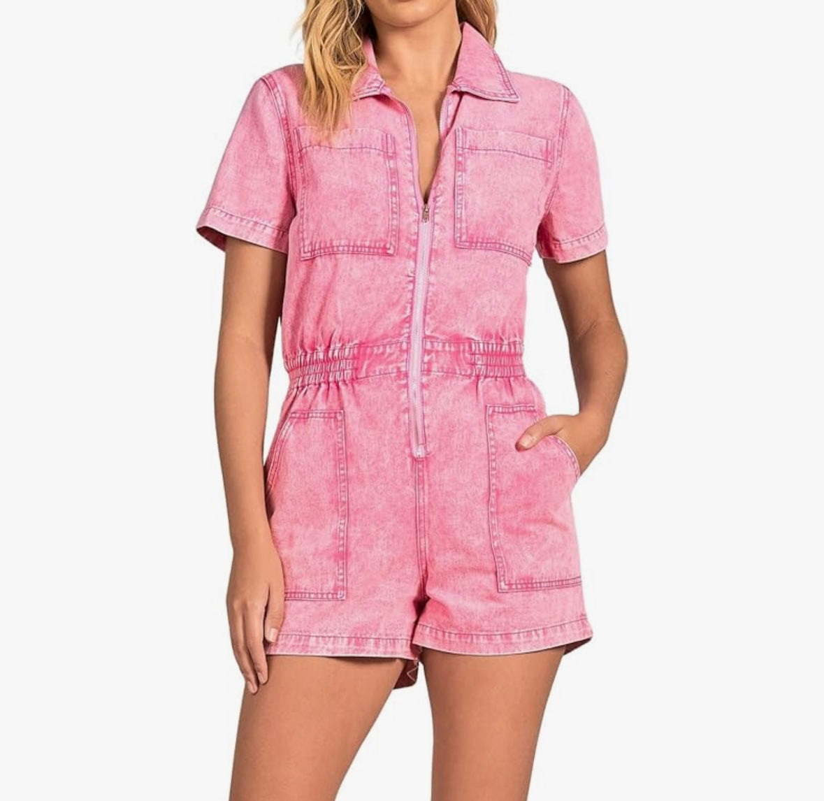 Elan Kelly Acid Wash Denim Romper Women’s Small Pink