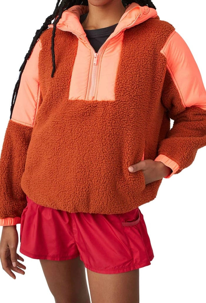 Free People FP Movement Lead the Pack Fleece Hooded Pullover Women’s Small Neon Coral