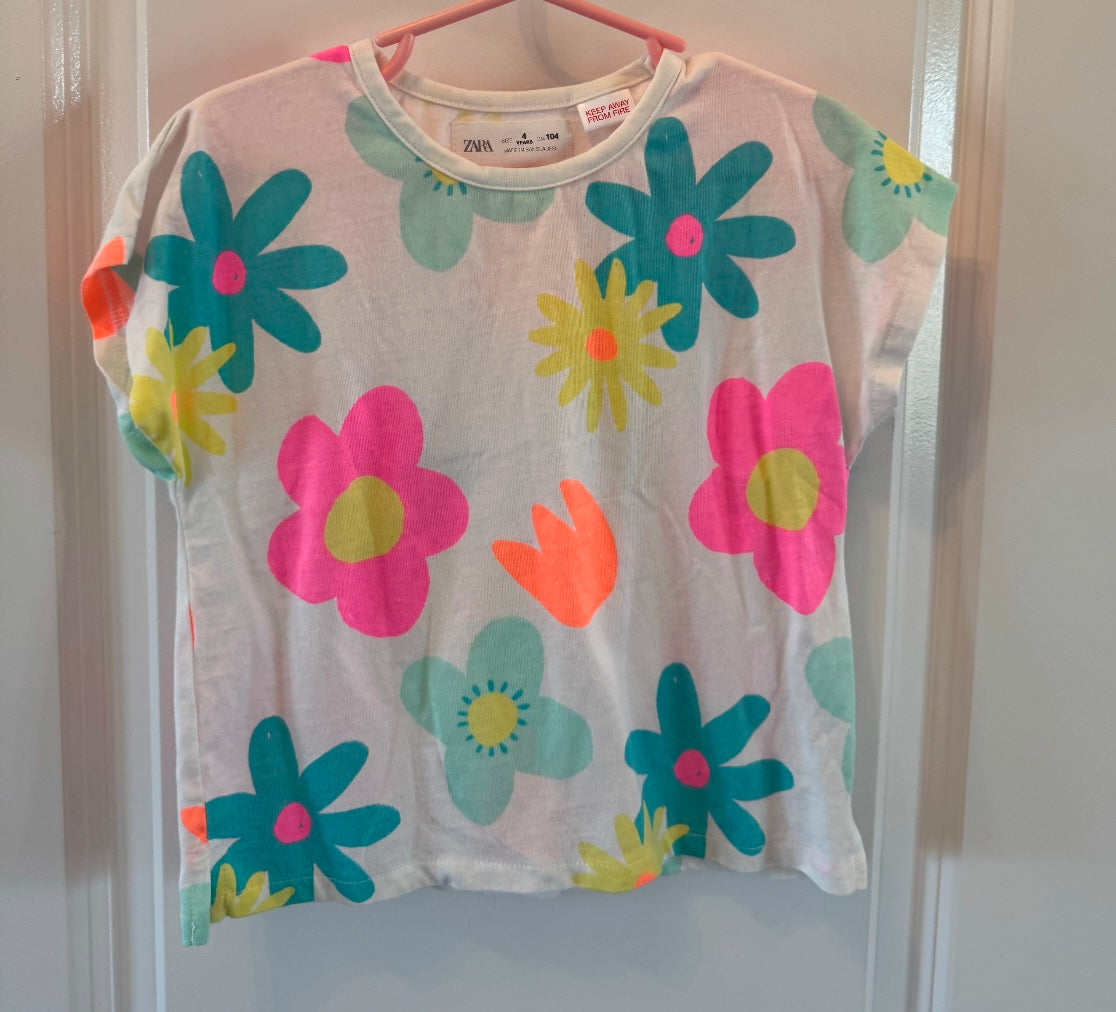 Zara Neon Daisy Tee Toddler Size 4 Years White