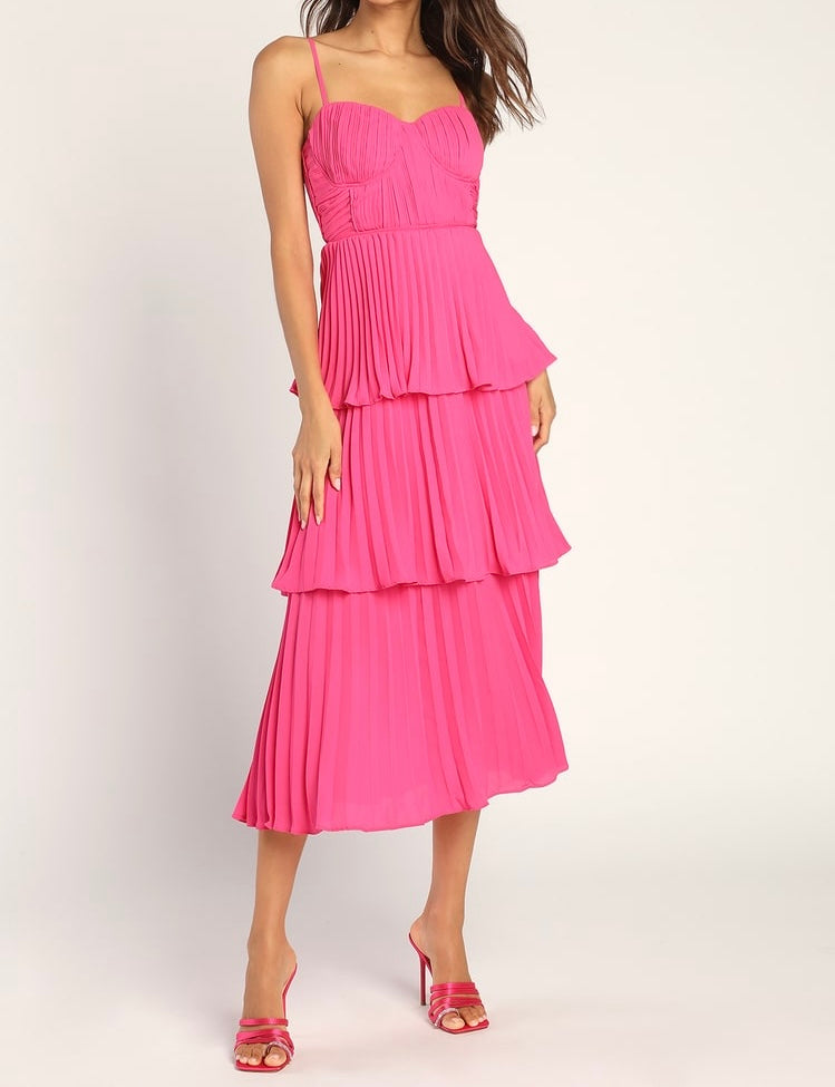 Lulu’s Tiered Pleated Dress Women’s Large Pink NWT