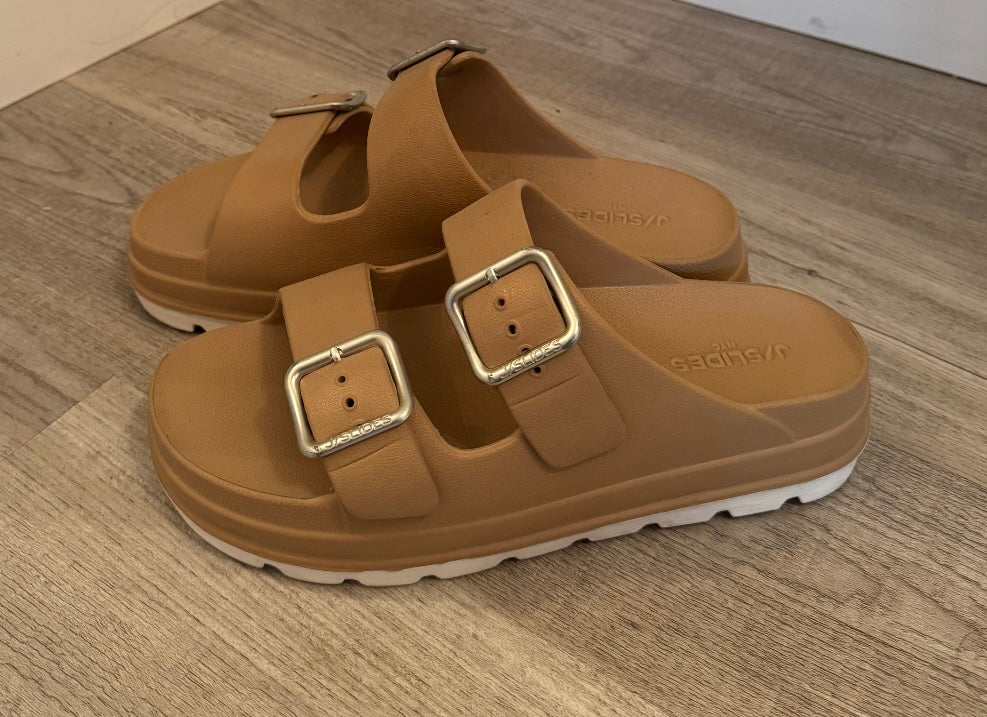 J/Slides Simply B Dual-Buckle Slides Women’s Size 9 Tan