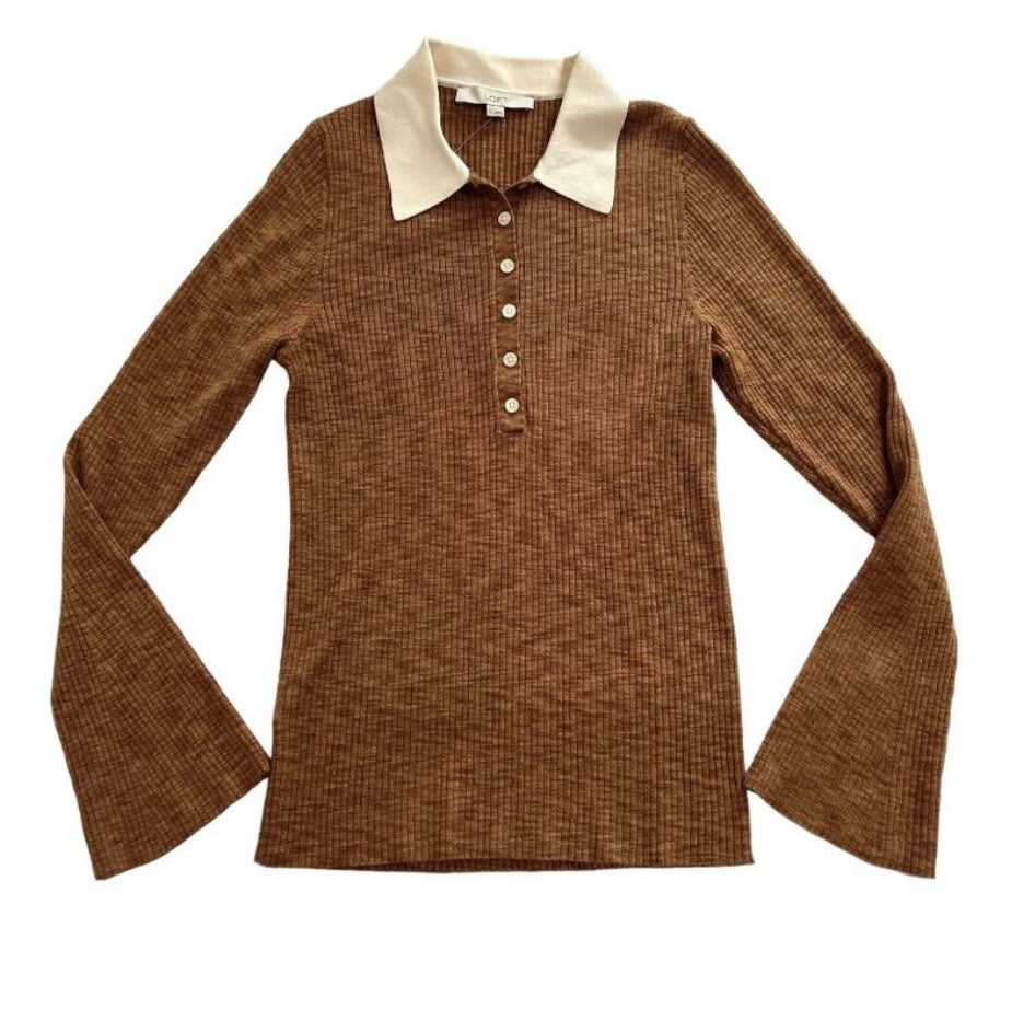 Loft Two Tone Ribbed Polo Sweater Women’s Medium Brown