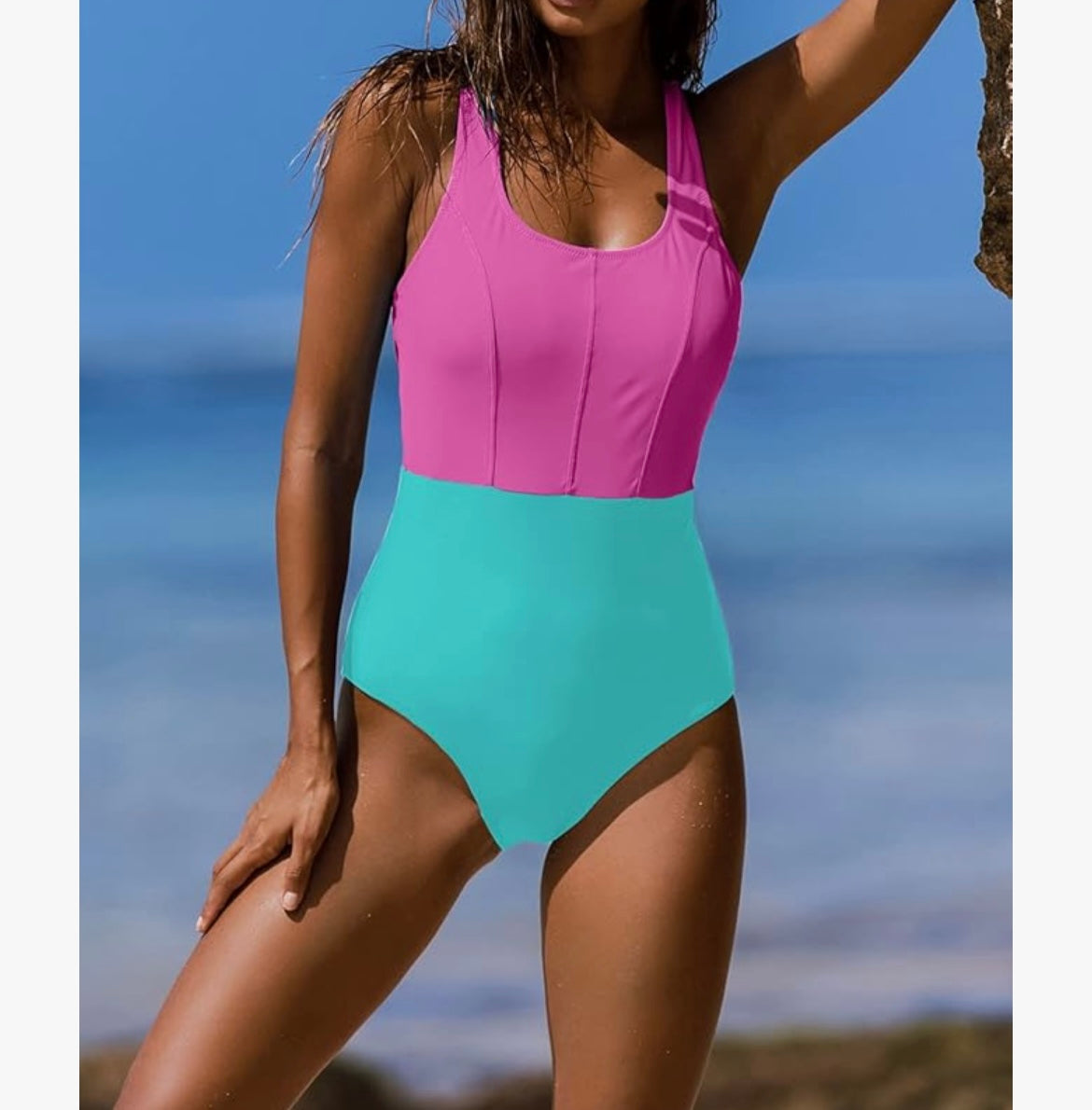 One Piece Swimsuit Tummy Control Color Block Racerback Padded Sport Women’s Size Large Pink/Teal