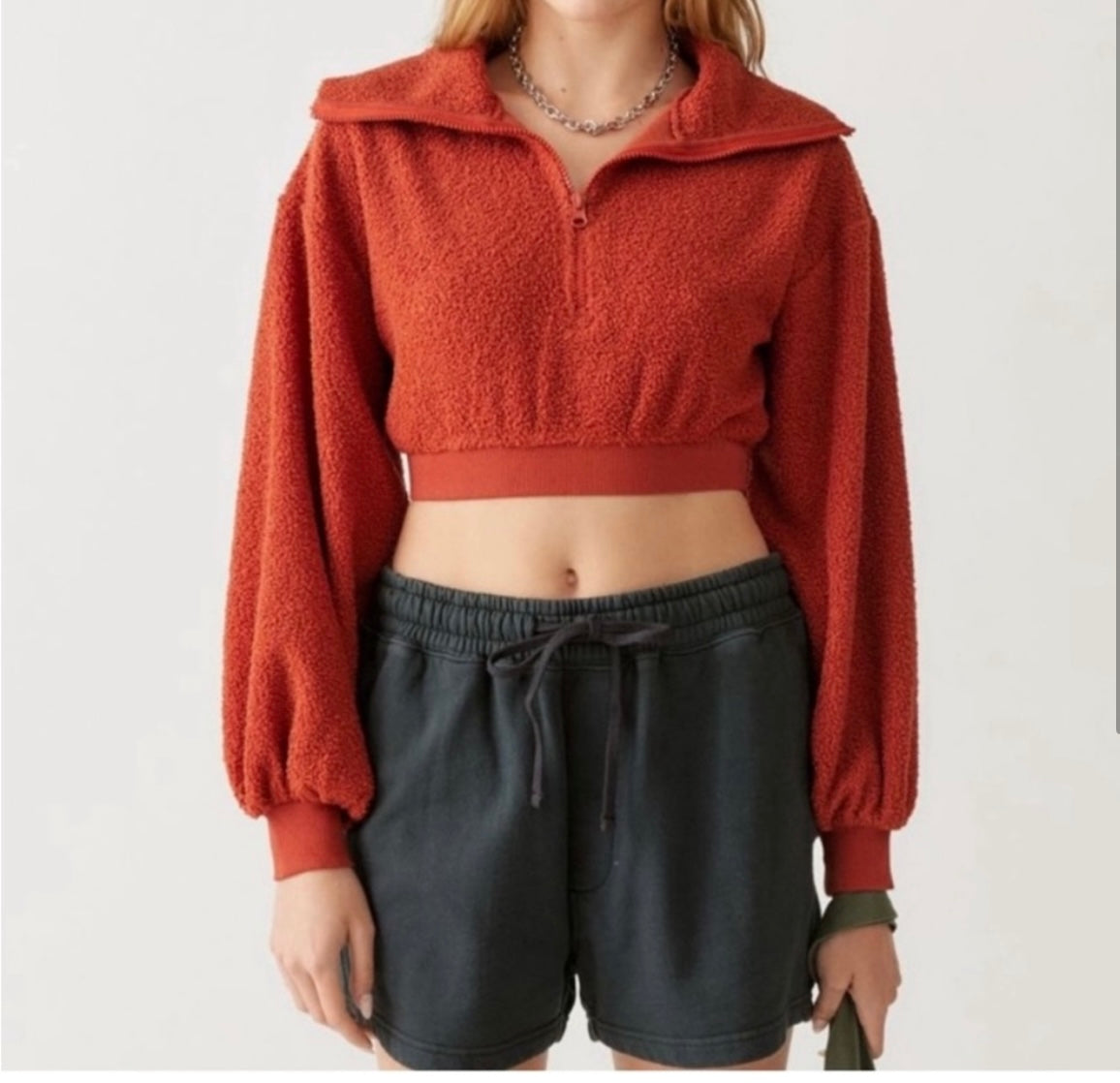 BDG Urban Outfitters Quarter Zip Fleece Cropped Pullover Women’s Size Medium Rust Orange