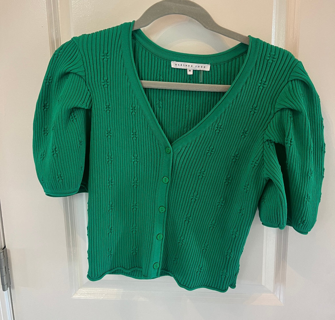 Endless Rose Puff Sleeve Crop Cardigan Women’s Size Medium Emerald Green