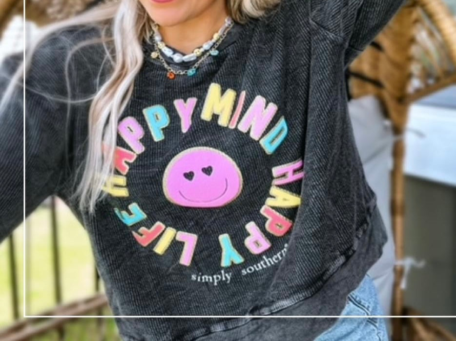 Simply Southern Happy Mind Happy Life Sweatshirt Women’s Size Large Dark Gray