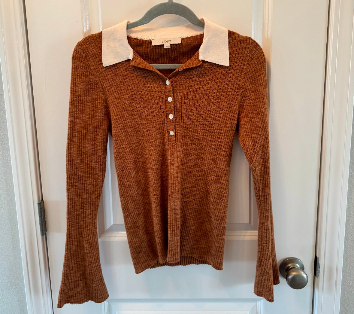 Loft Two Tone Ribbed Polo Sweater Women’s Medium Brown
