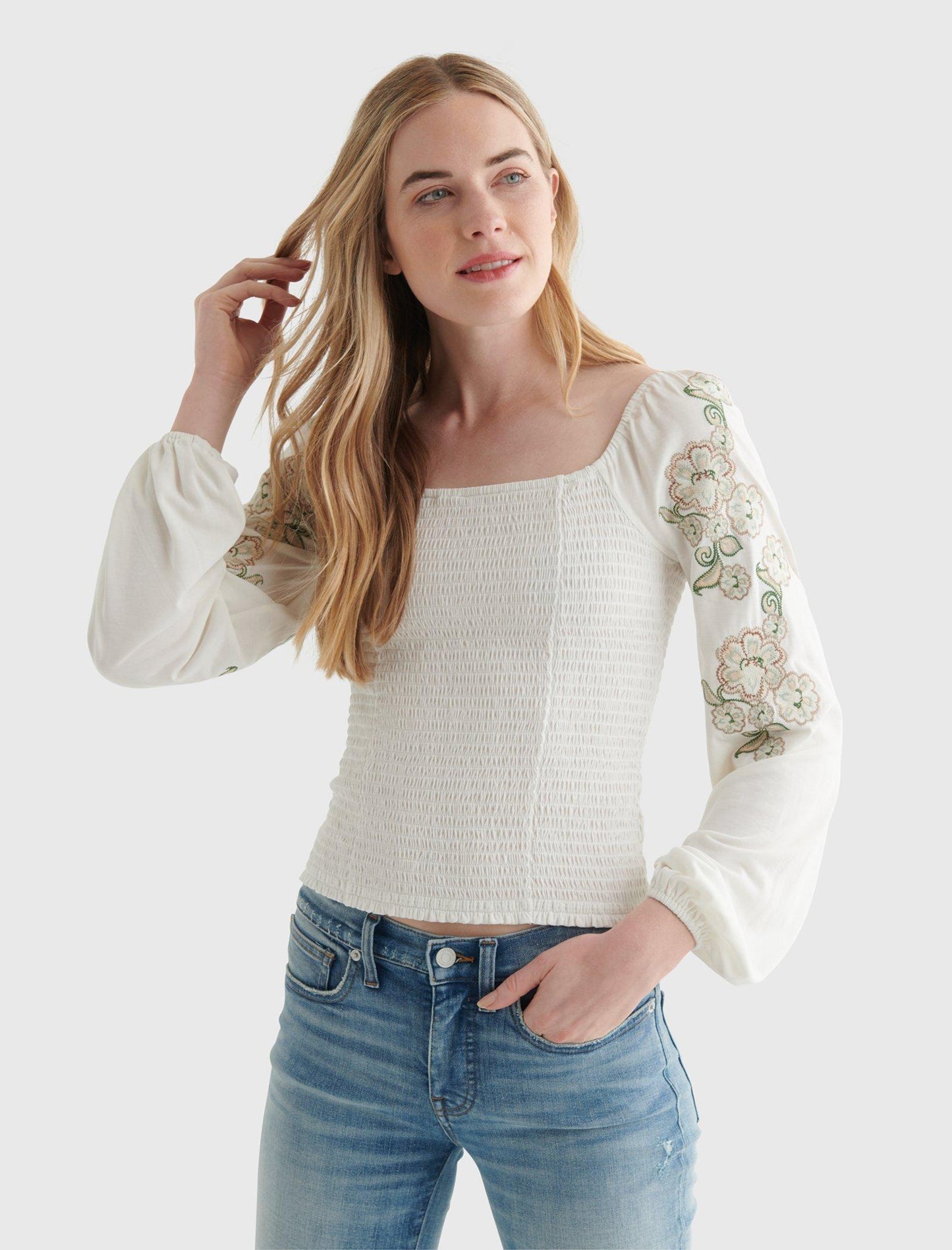 Lucky Brand Embroidered Smocked Square Neck Knit Top Women’s Size Small White