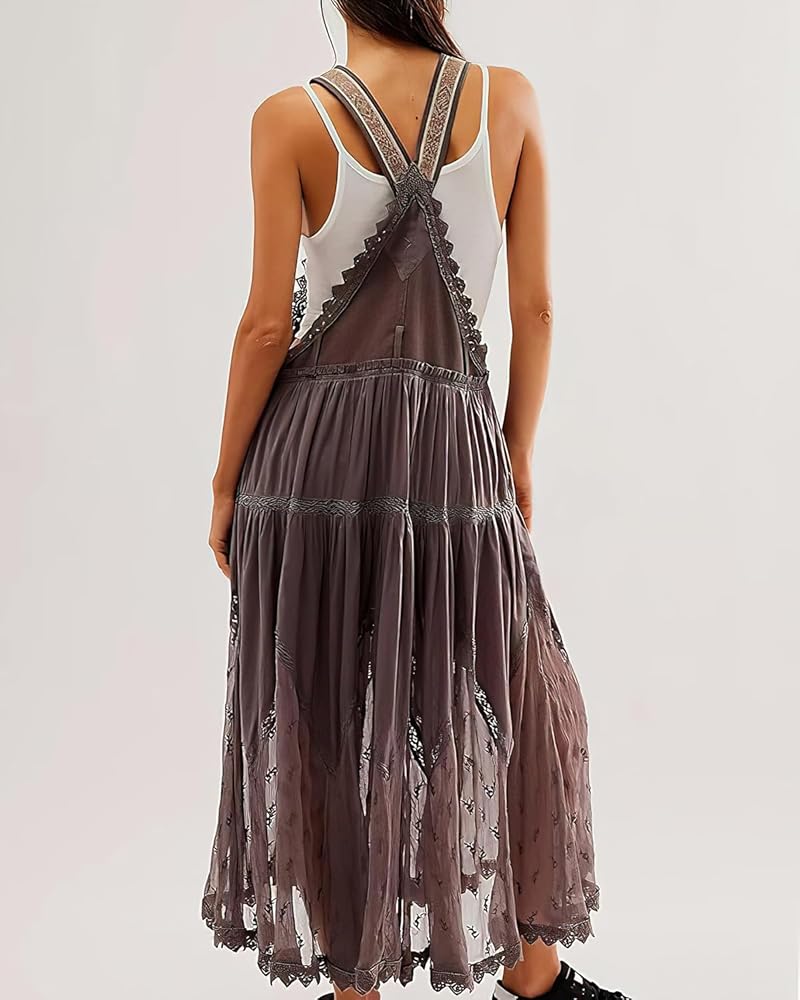 Ebossy Lace Tulle Bib Dress Women’s Small Coffee