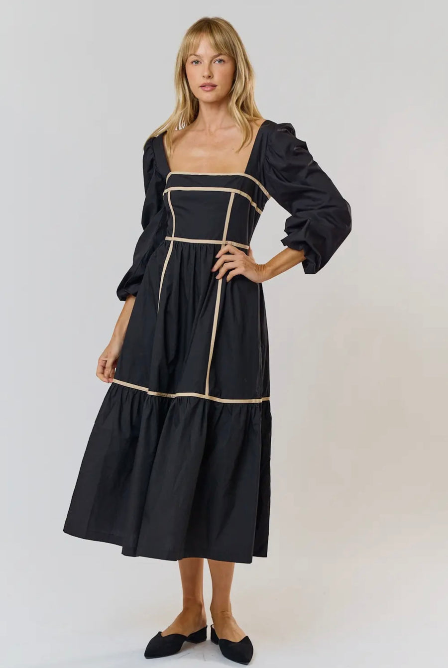 Lalavon Square Neck Cotton Midi Dress w White Piping Women’s Medium NWT