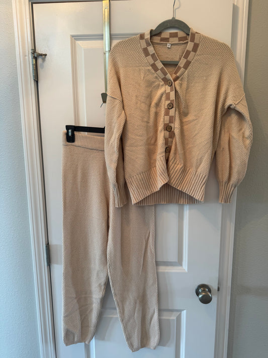 Knit Checker Print Matching Set Women’s Small Tan