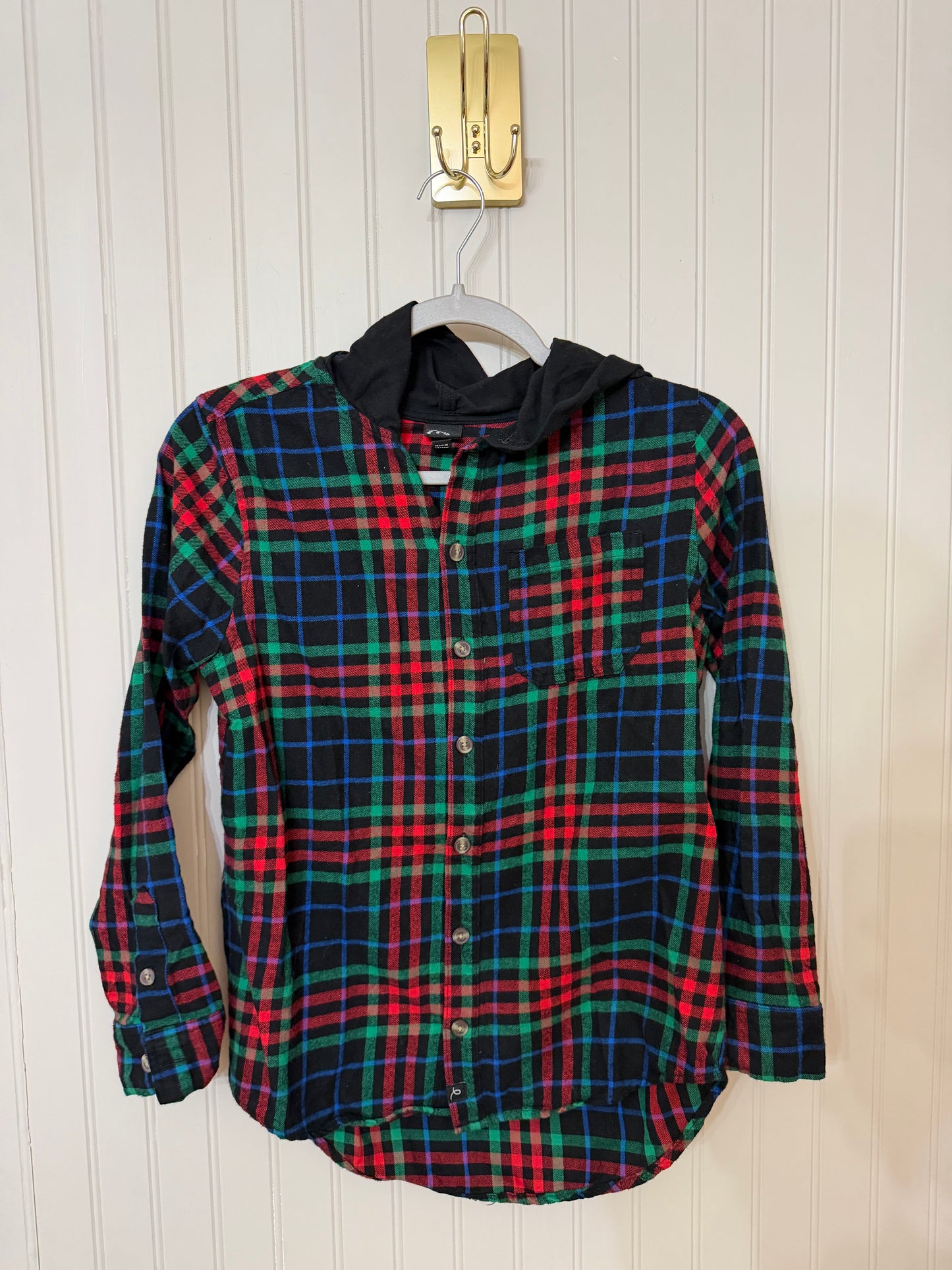 Plaid Flannel Hooded Shirt Youth Size Large