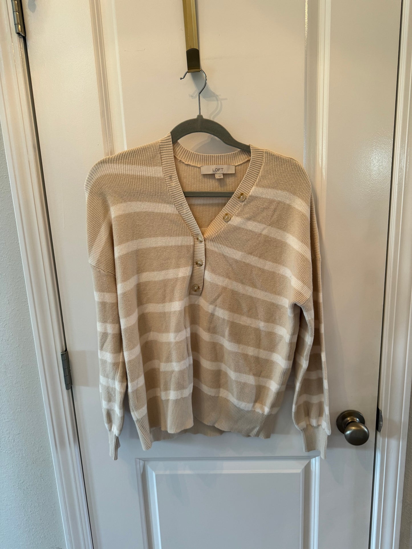 Loft Stripe Sweater Henley Women’s Size Large Cream